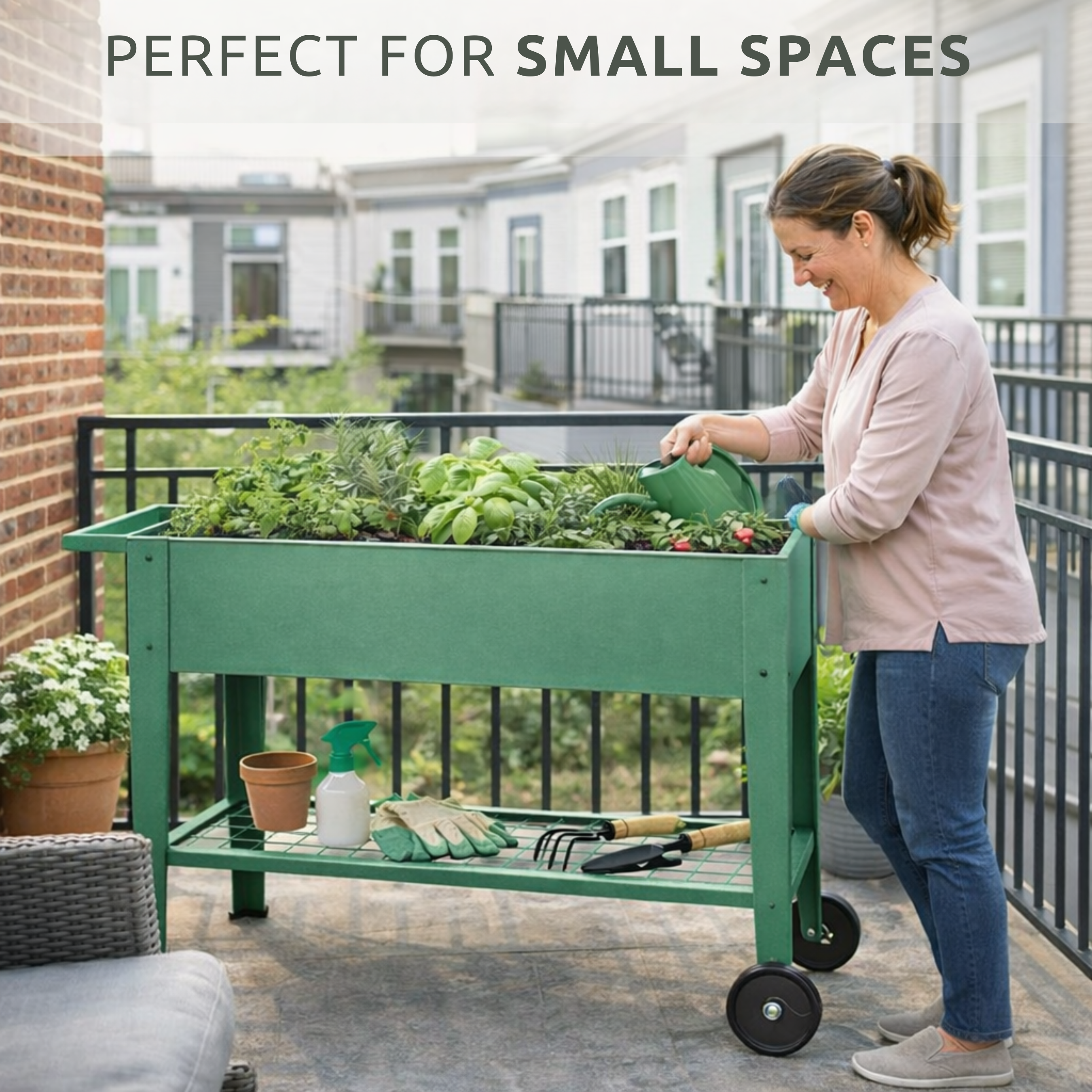 Metal raised garden bed showing deep planting area for herbs