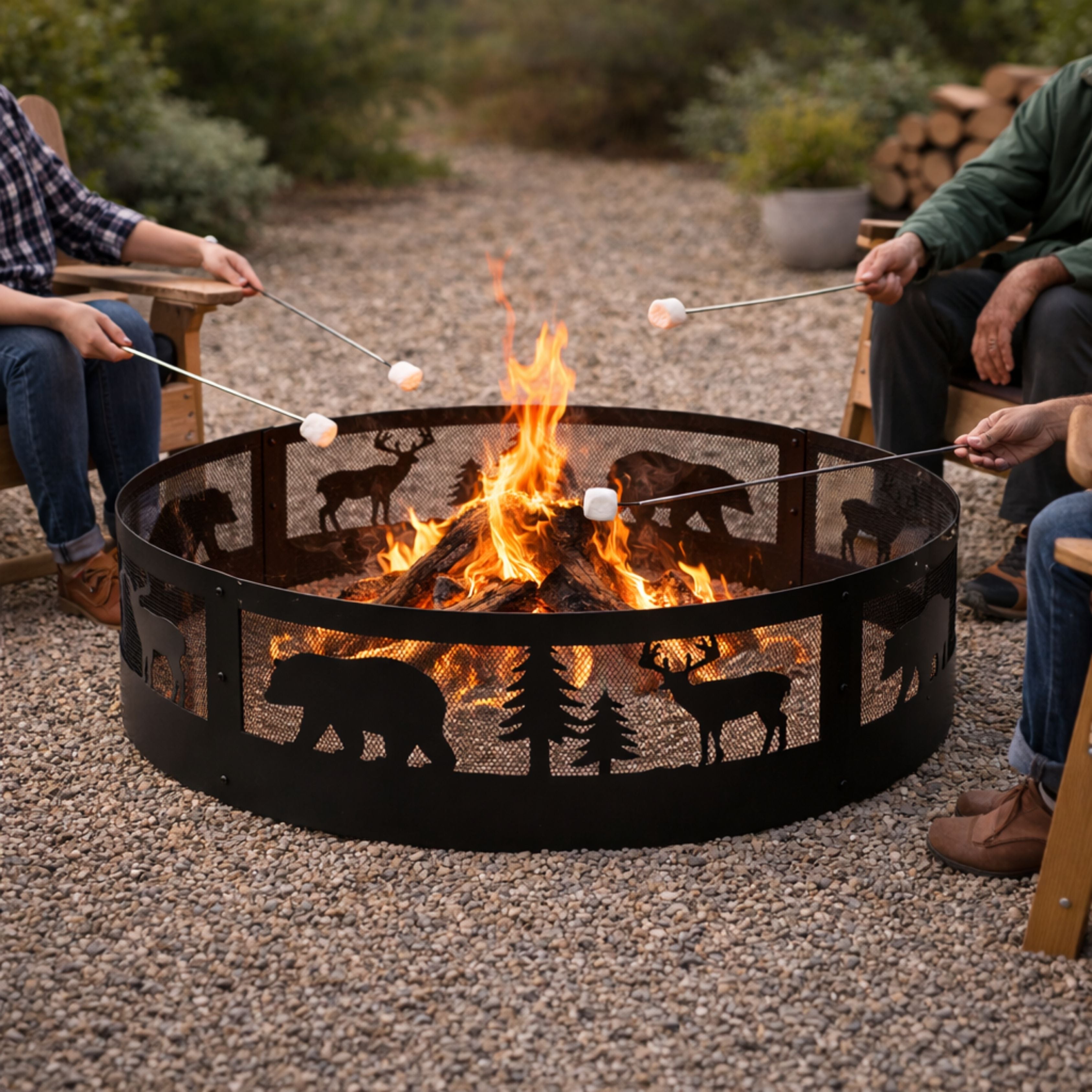 wood burning fire pit ring with decorative wildlife design