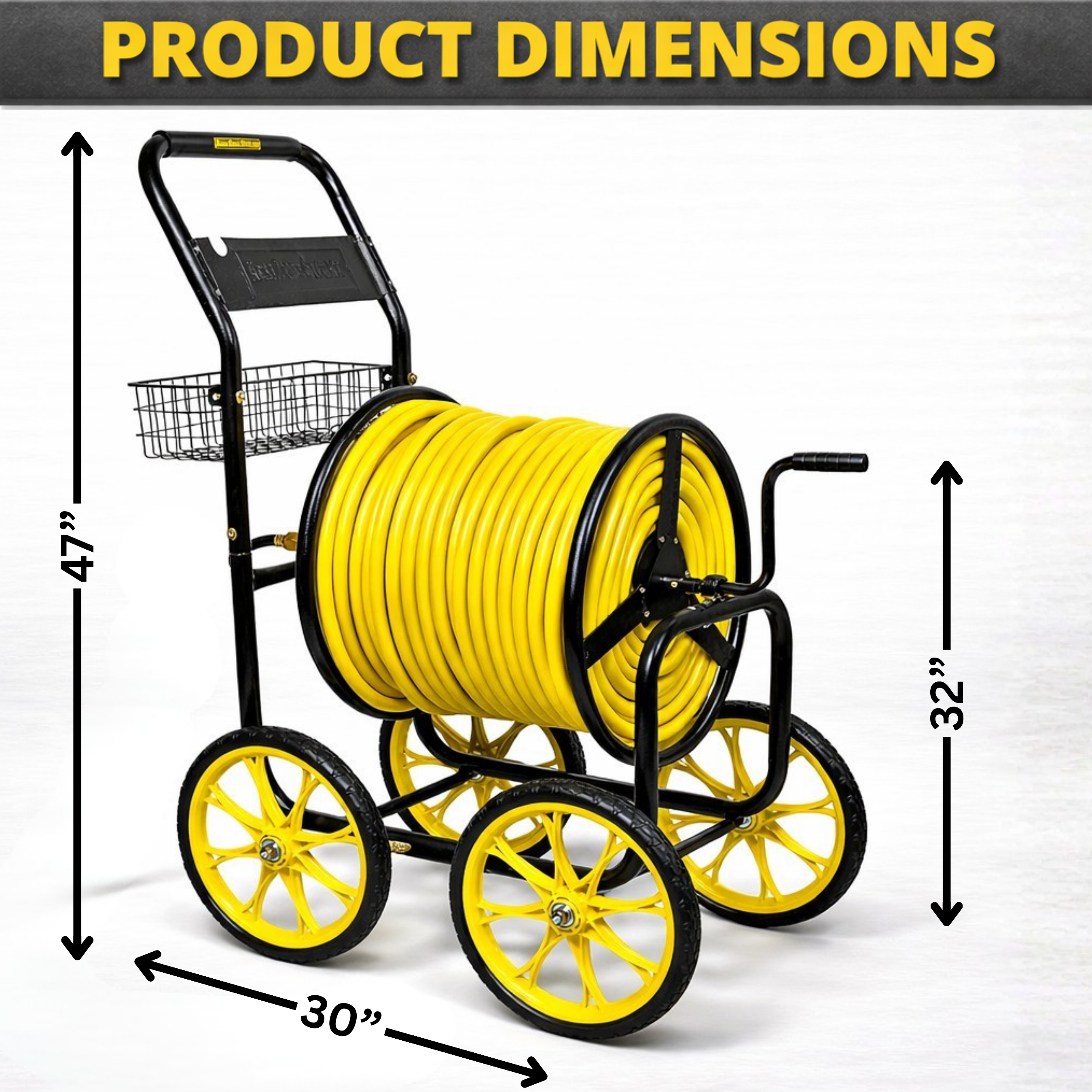 Metal hose reel cart with four-wheel stability and elevated handle for strain-free operation