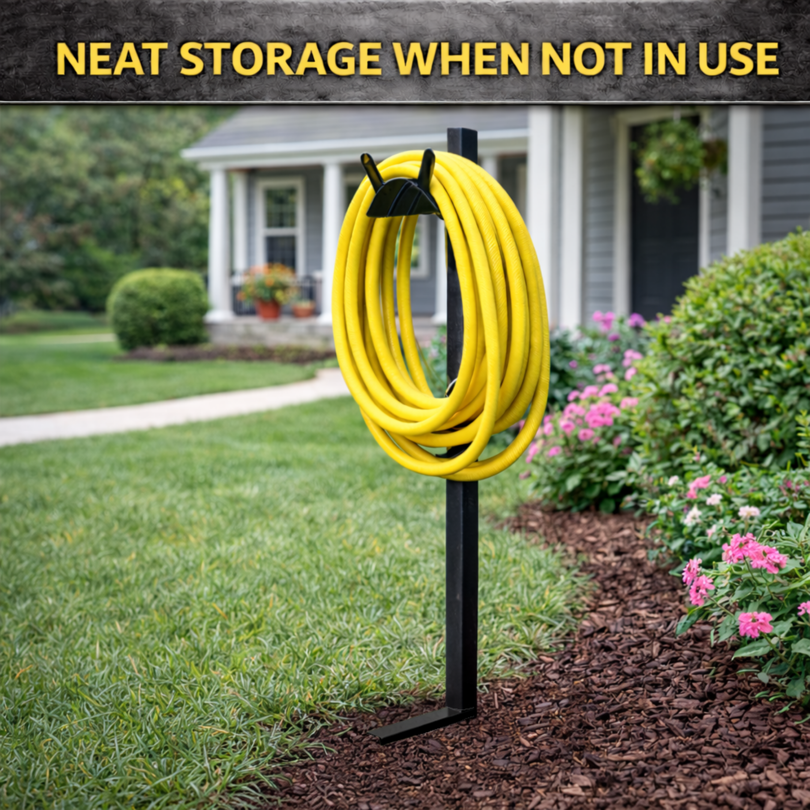 Freestanding steel hose hanger with post designed for 125 ft garden hose storage