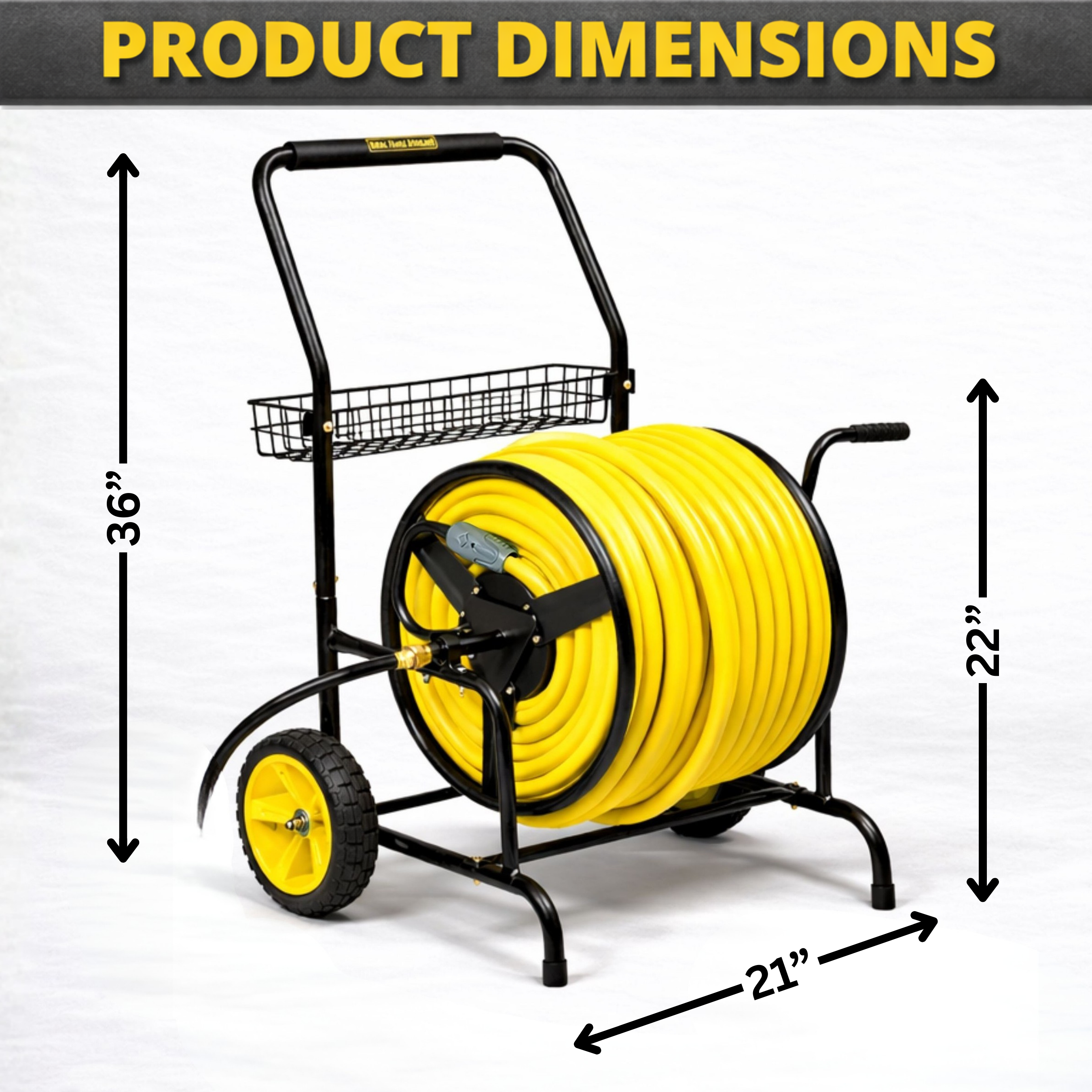 Residential and commercial hose cart with two wheels and 300 ft garden hose capacity