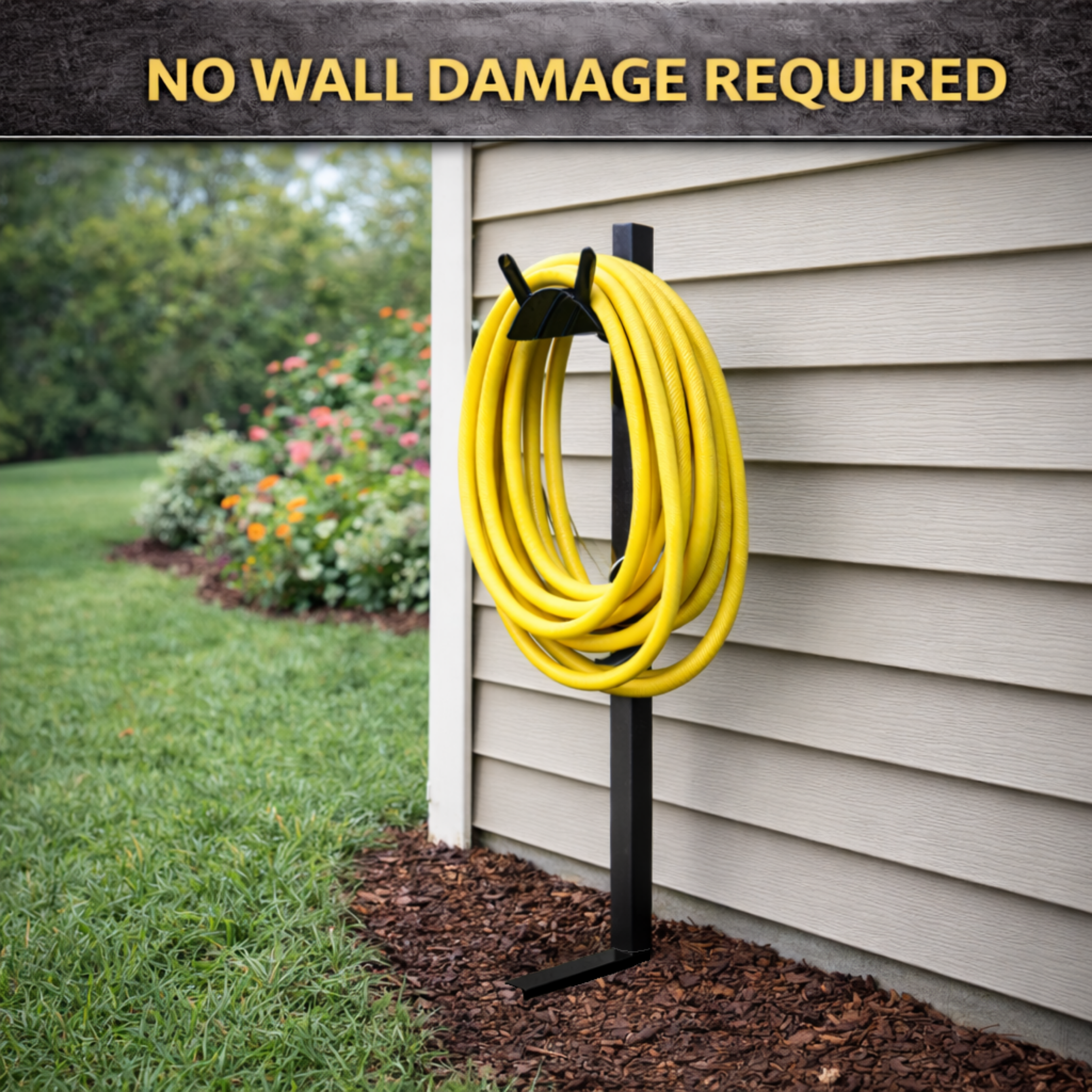 Steel hose storage hanger with post for outdoor use holding 125 ft of hose