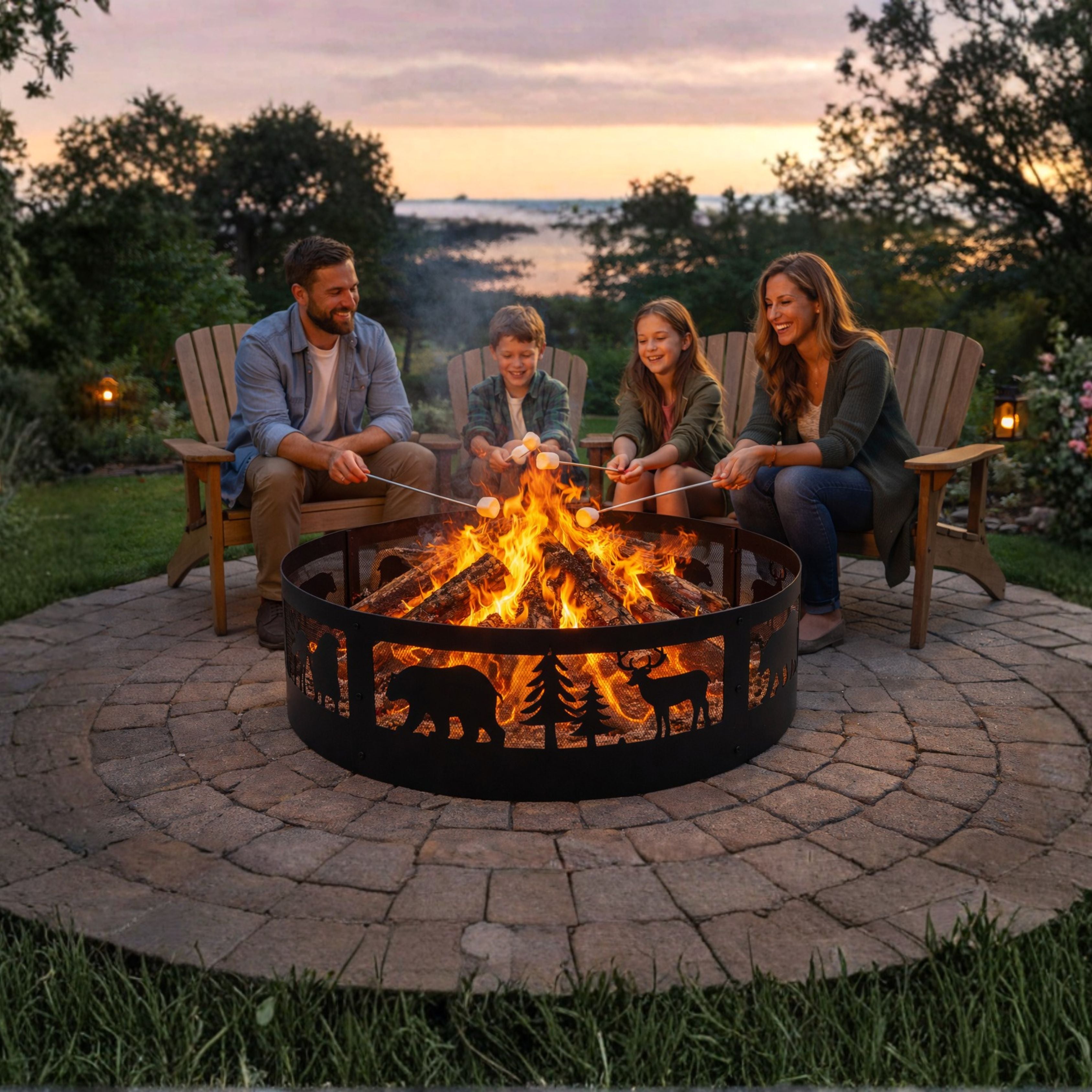 wood burning fire pit ring with decorative wildlife design
