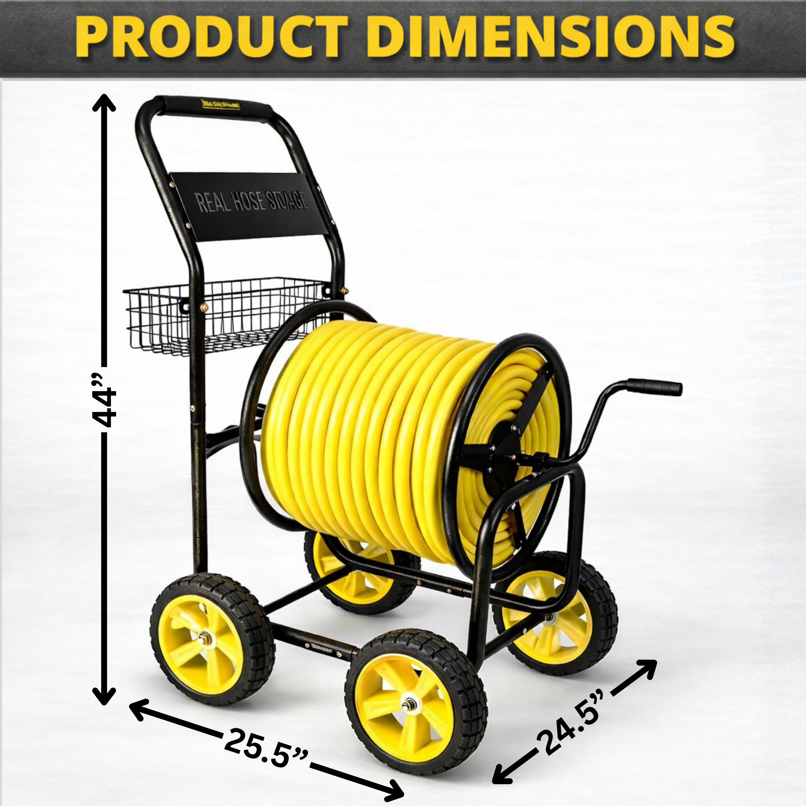 Industrial-duty metal hose reel cart with four wheels and 400 ft hose capacity for heavy outdoor use