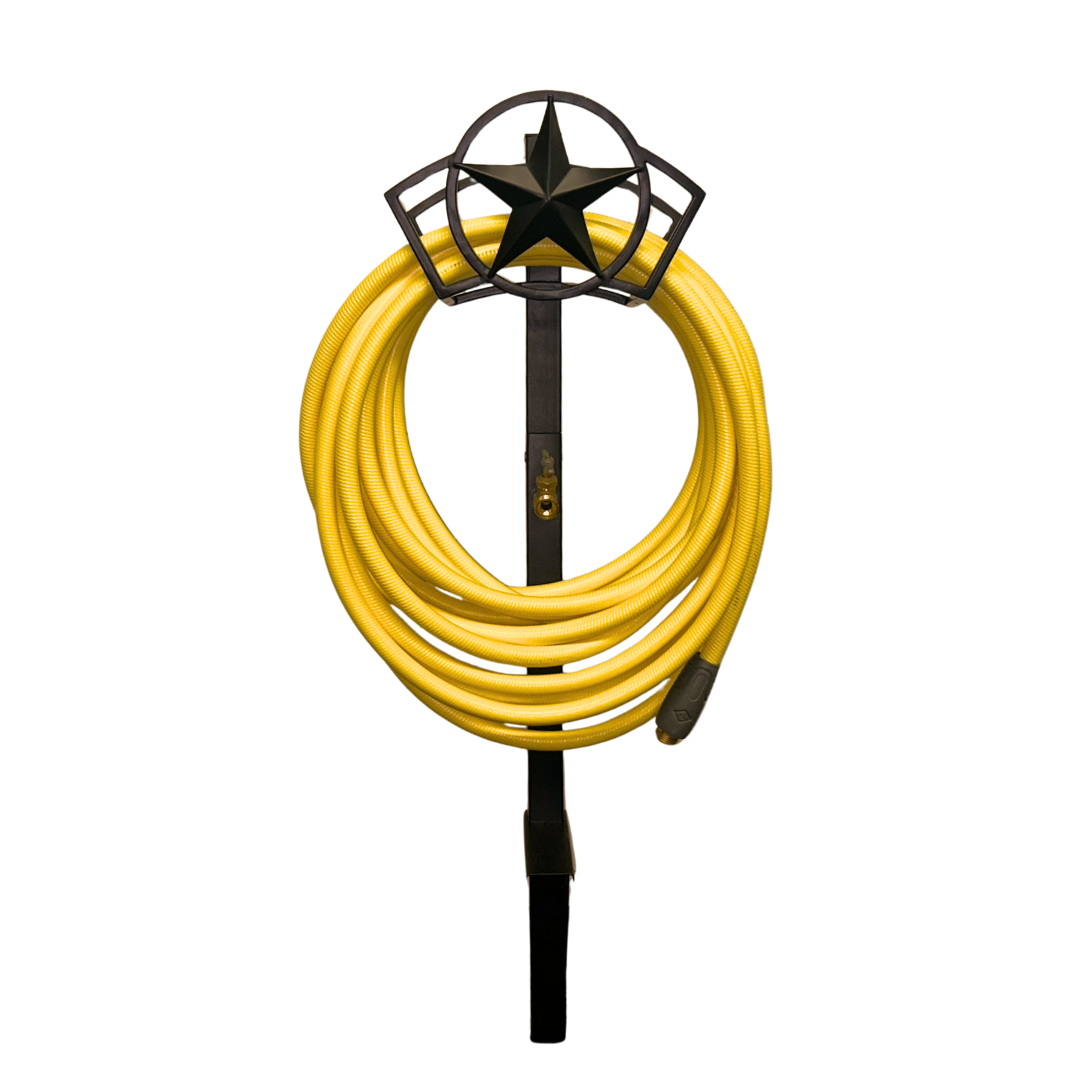 hose hanger with post and faucet for outdoor garden hoses