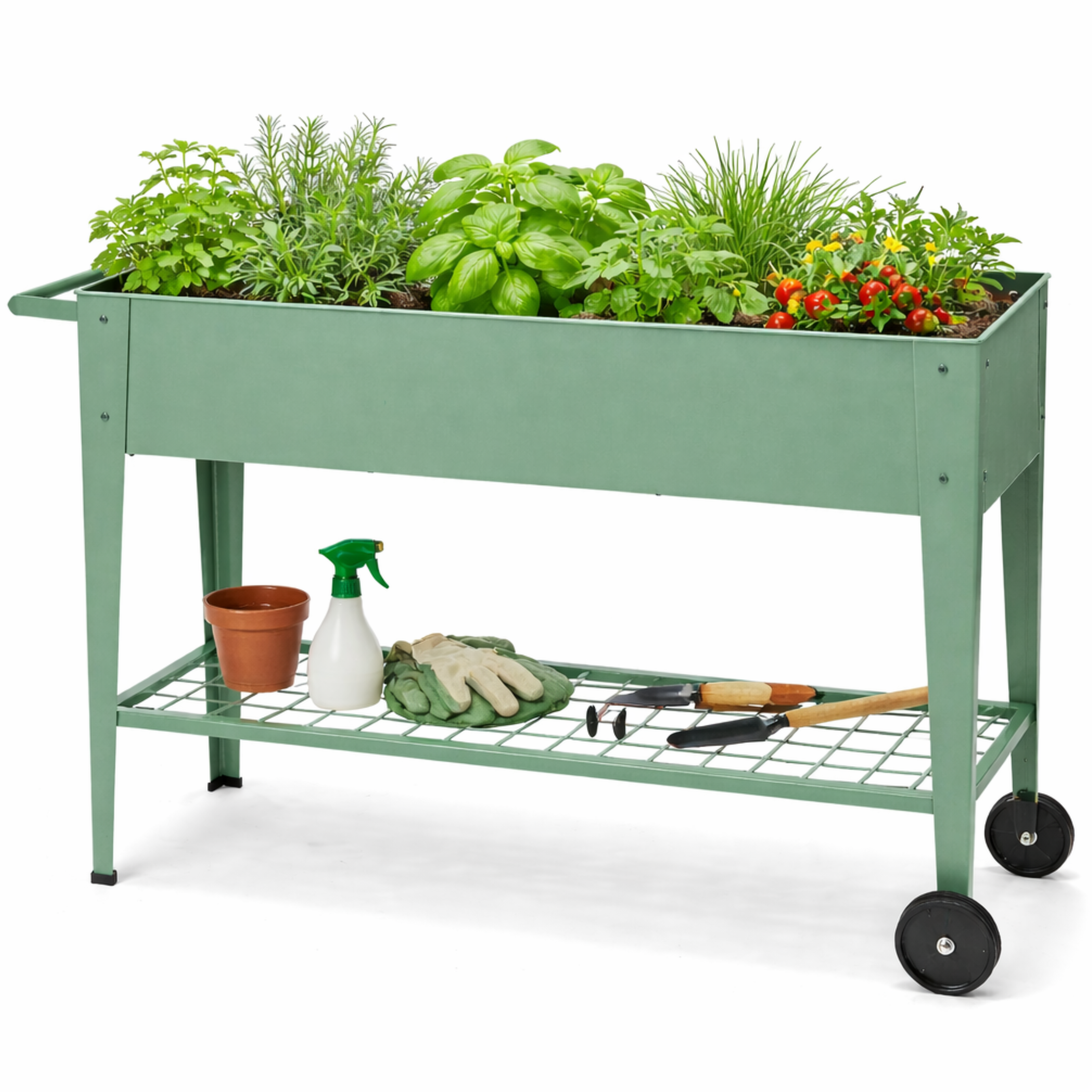 Metal raised garden bed with wheels used as an elevated planter on a patio