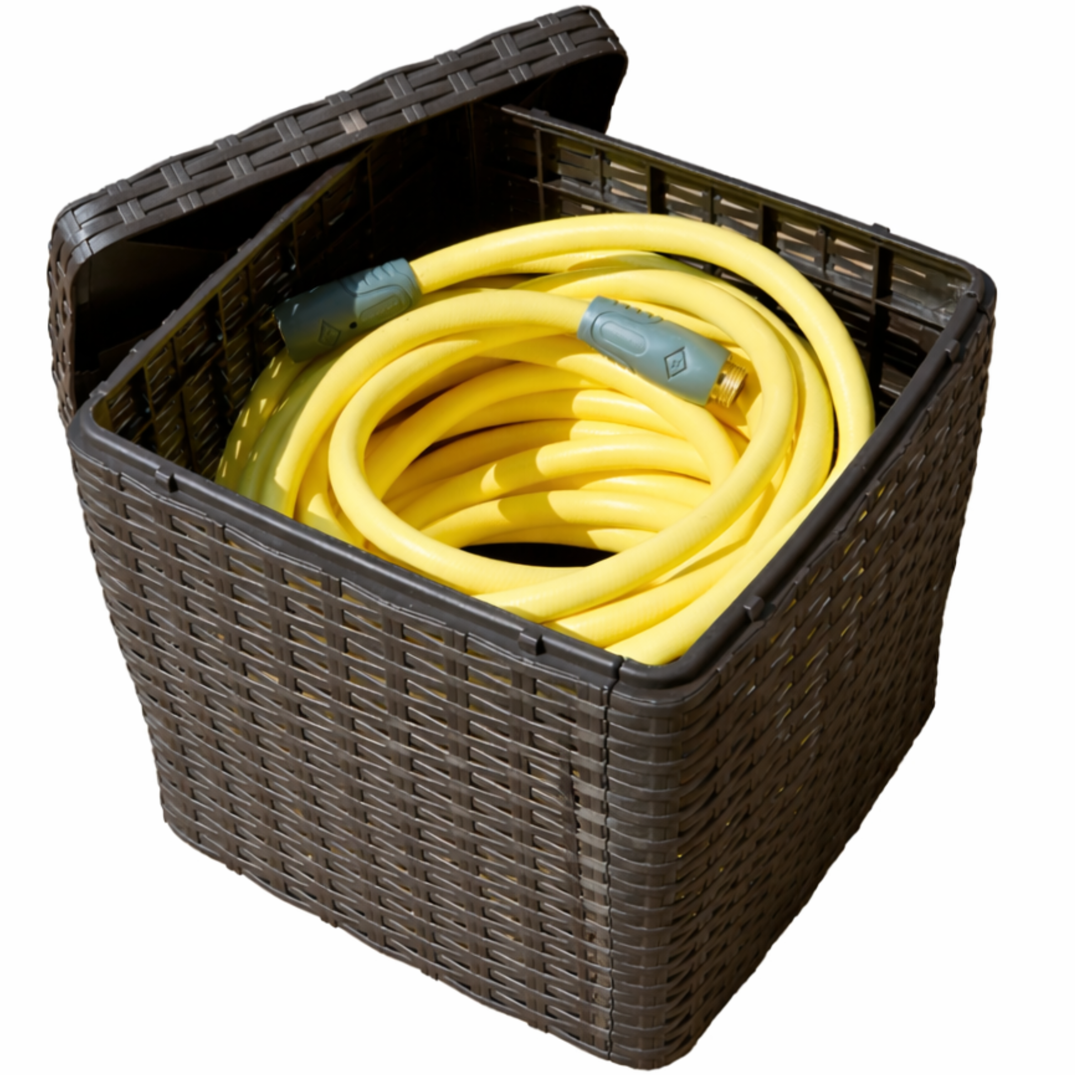 Resin wicker hose storage cubby box designed for lightweight garden hoses with 200 ft capacity