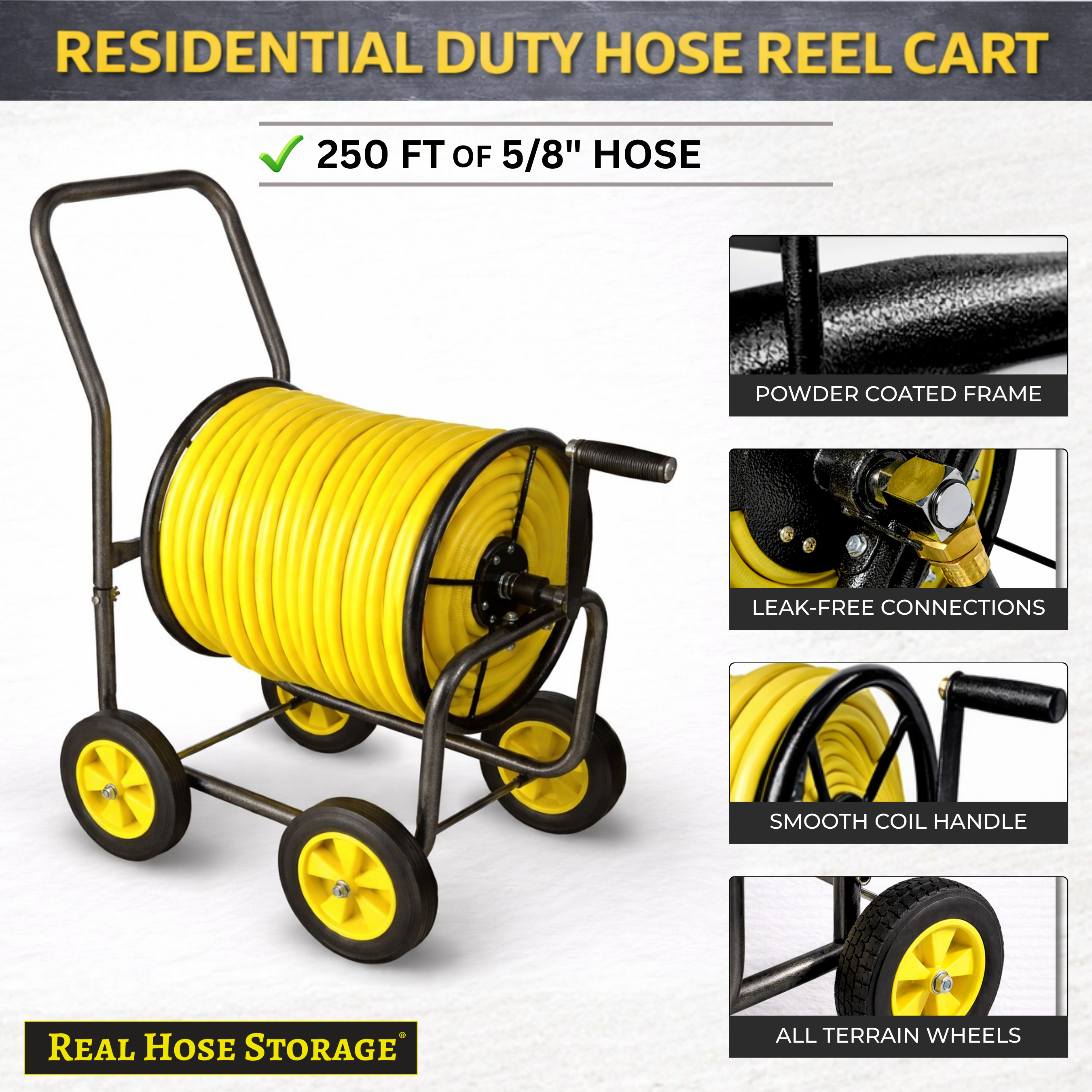 Steel hose reel cart with four wheels showing powder-coated metal frame and hose storage drum