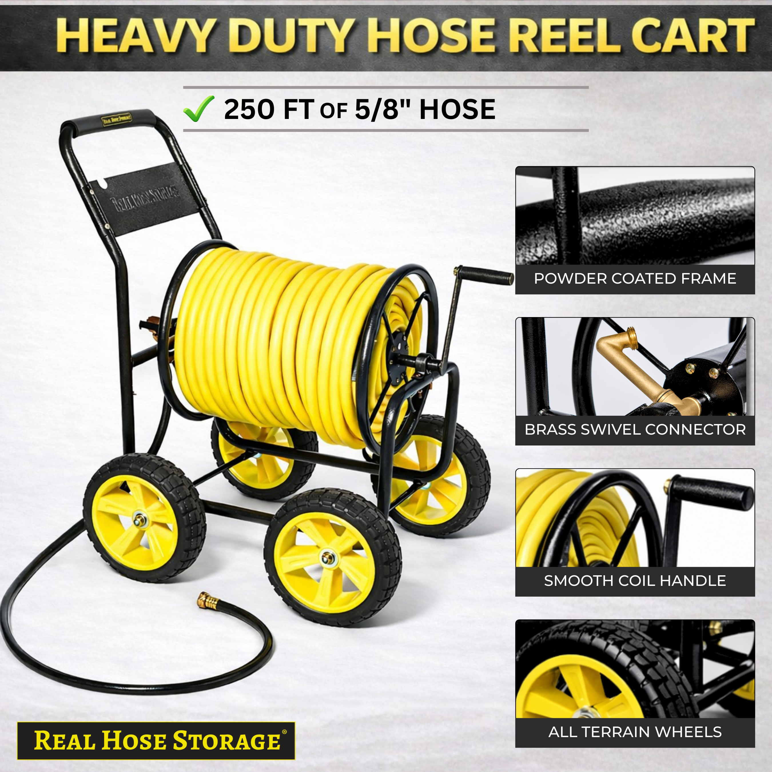 Metal hose reel cart with four wheels and 250 ft garden hose capacity for outdoor watering