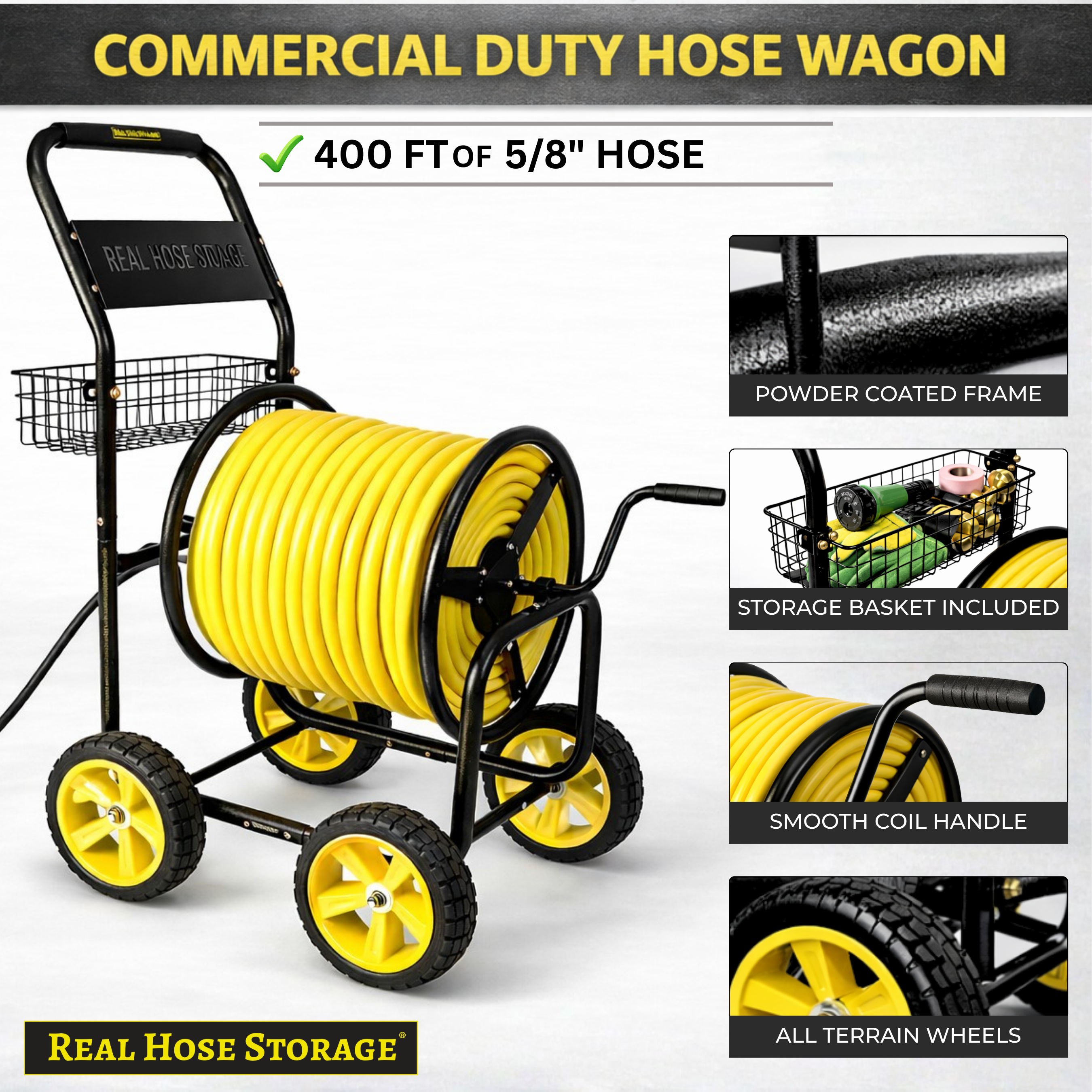 Heavy-duty steel hose reel cart designed to hold up to 400 ft of hose for commercial use