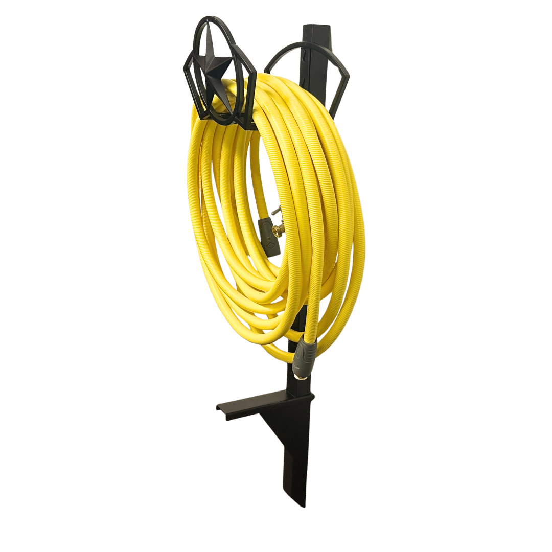 hose hanger with post and faucet for residential backyard use