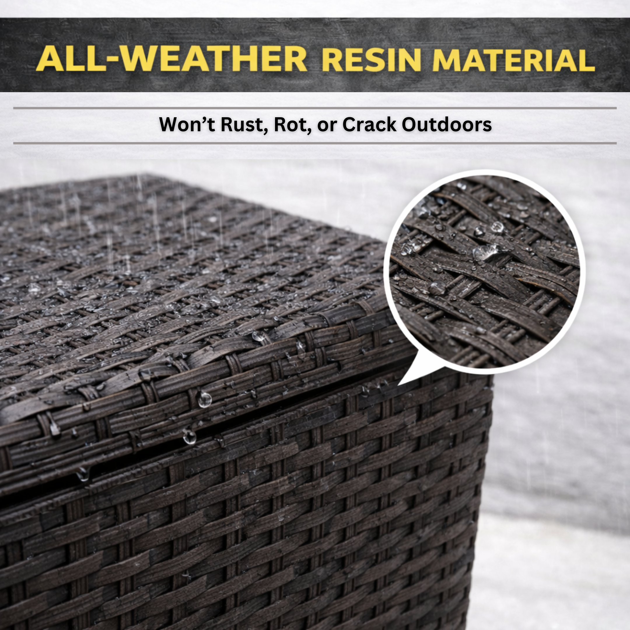 Weather-resistant resin wicker construction on outdoor hose storage cubby box