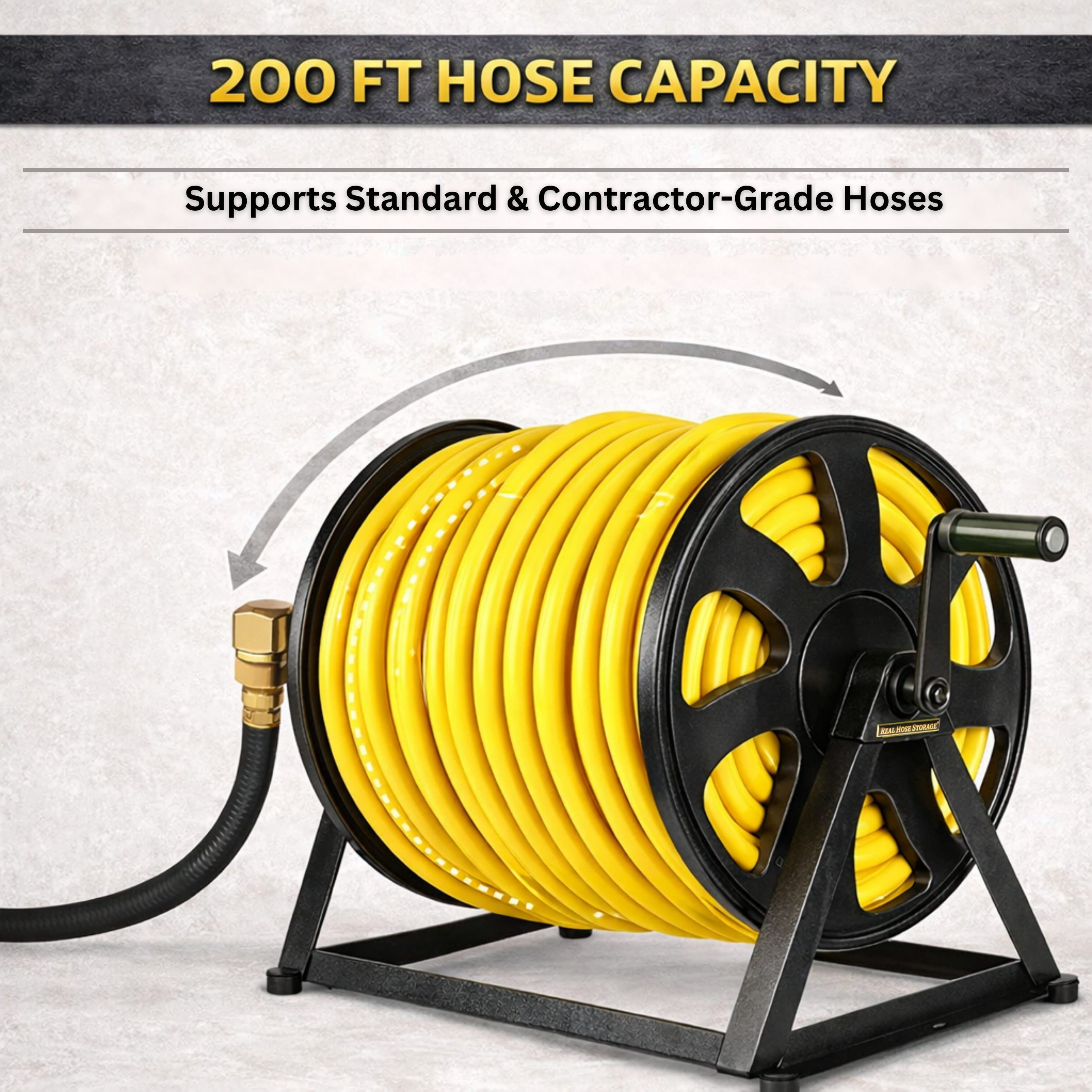 Outdoor hose reel mount designed for floor or wall installation and 200 ft hose storage