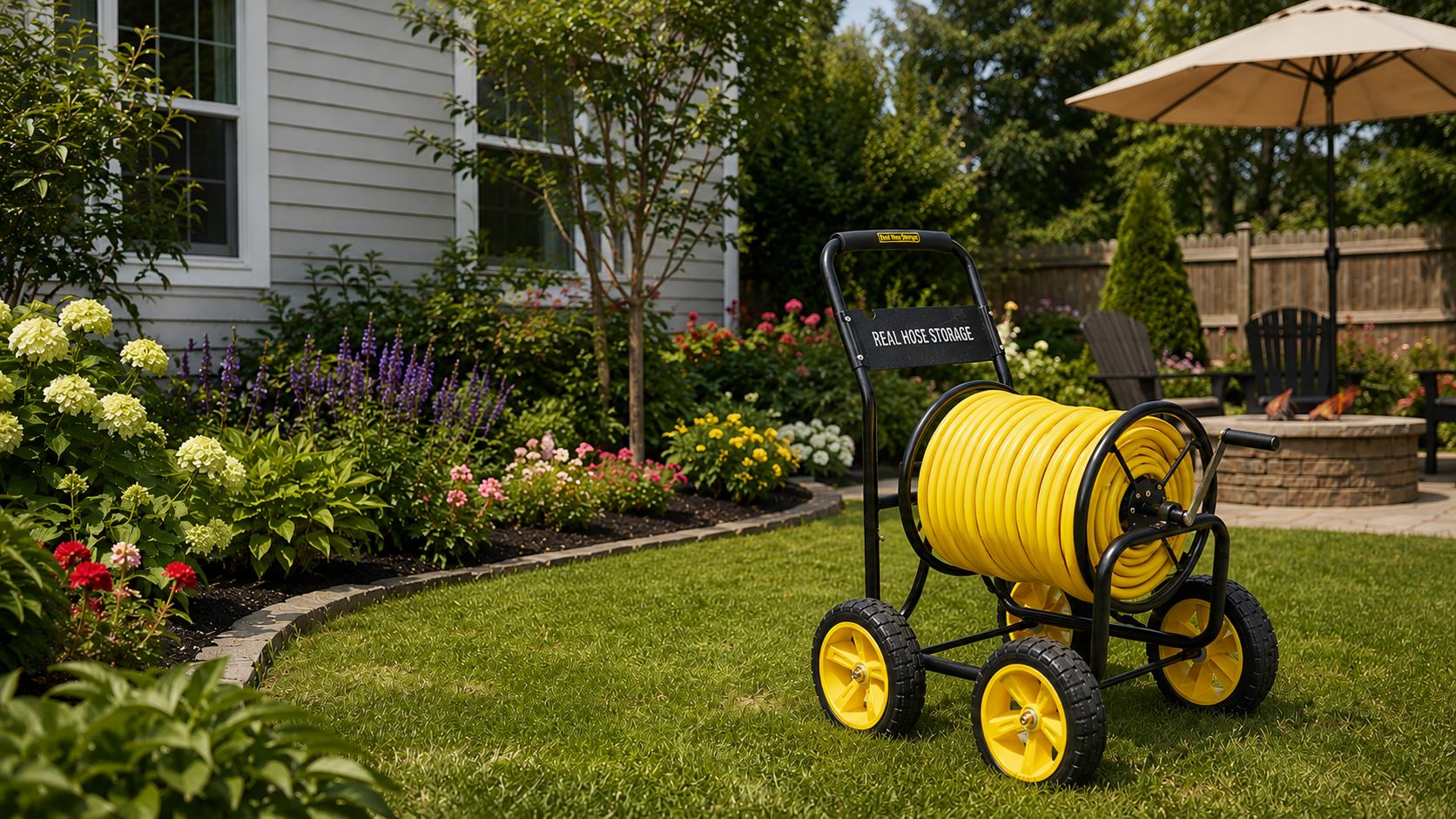 Real Hose Storage yellow garden hose reel cart in a backyard setting with a house and garden in the background.