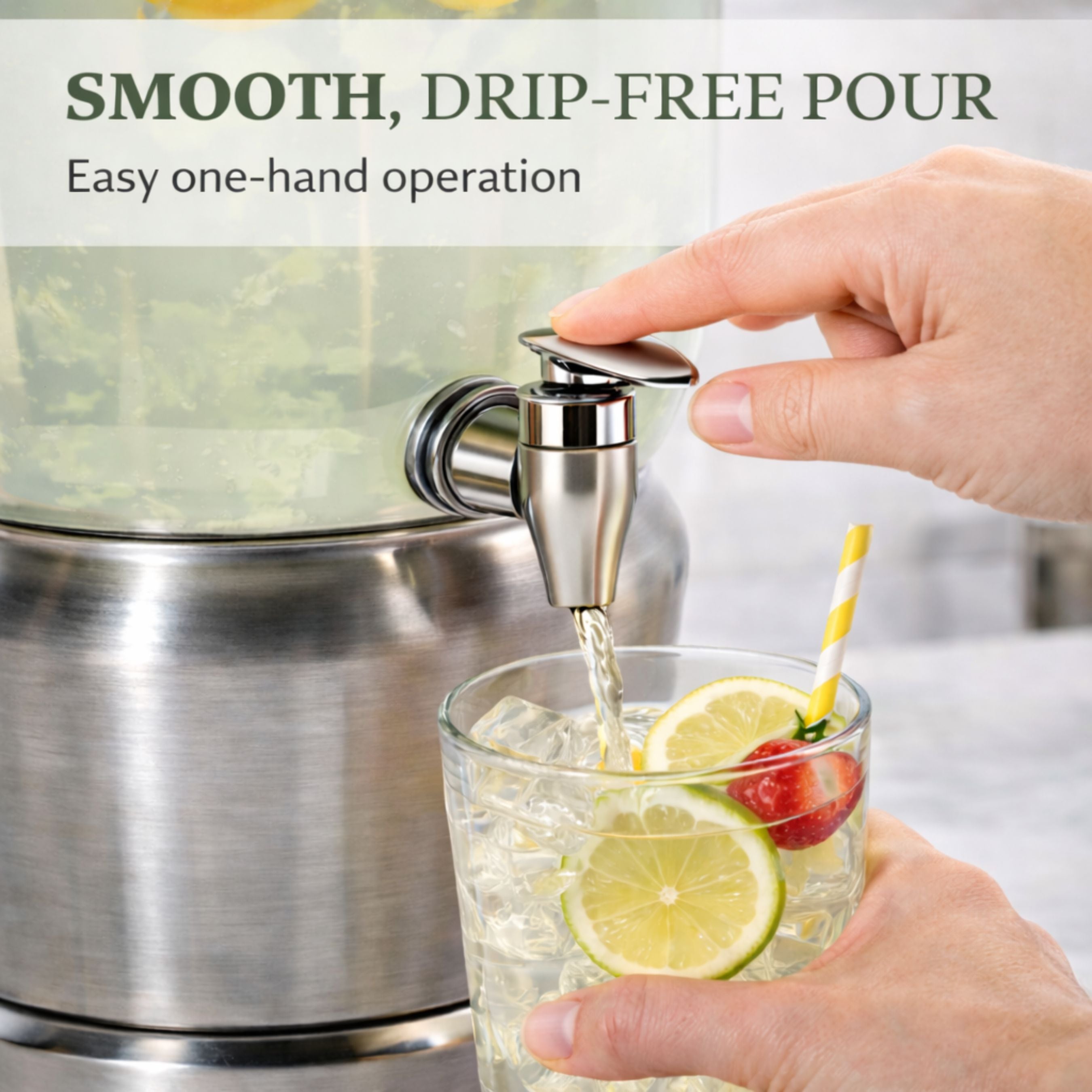 Hand pouring a drink from a metallic dispenser into a glass with lemon and strawberry slices, with text 'Smooth, Drip-Free Pour' and 'Easy one-hand operation'.