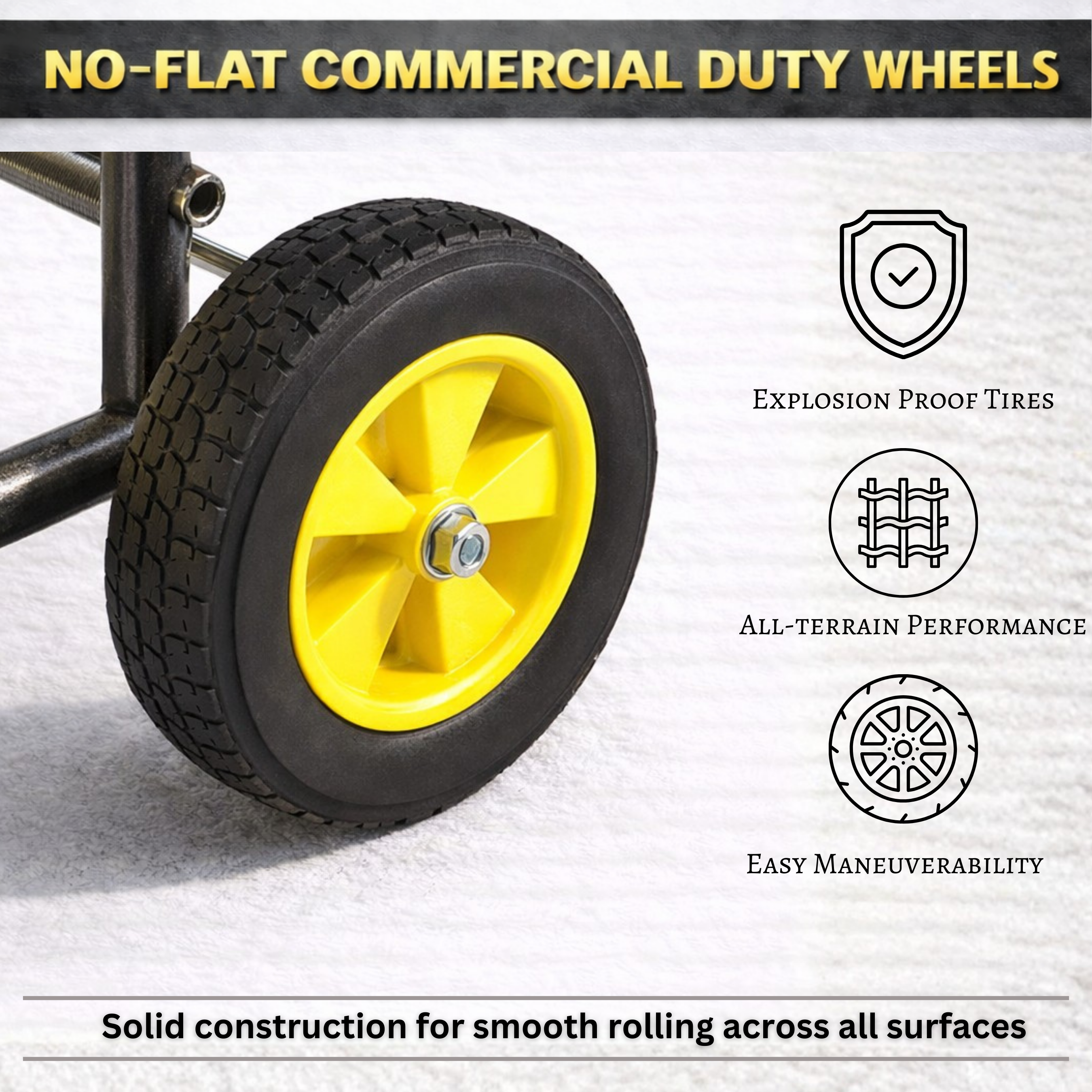 Four-wheel metal hose reel cart designed for smooth rolling across grass, gravel, and pavement