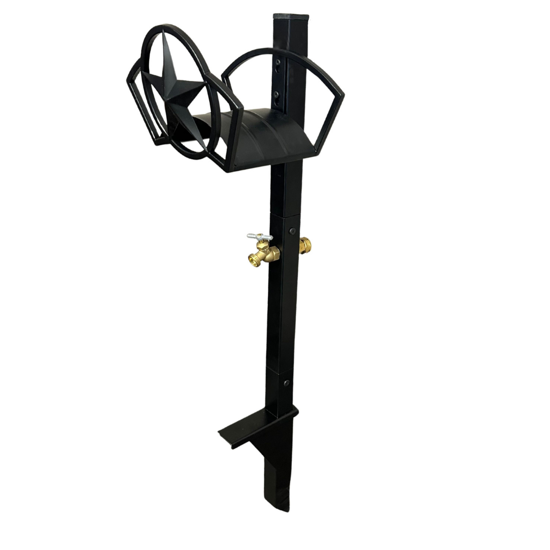 hose hanger with post and faucet for outdoor garden hoses
