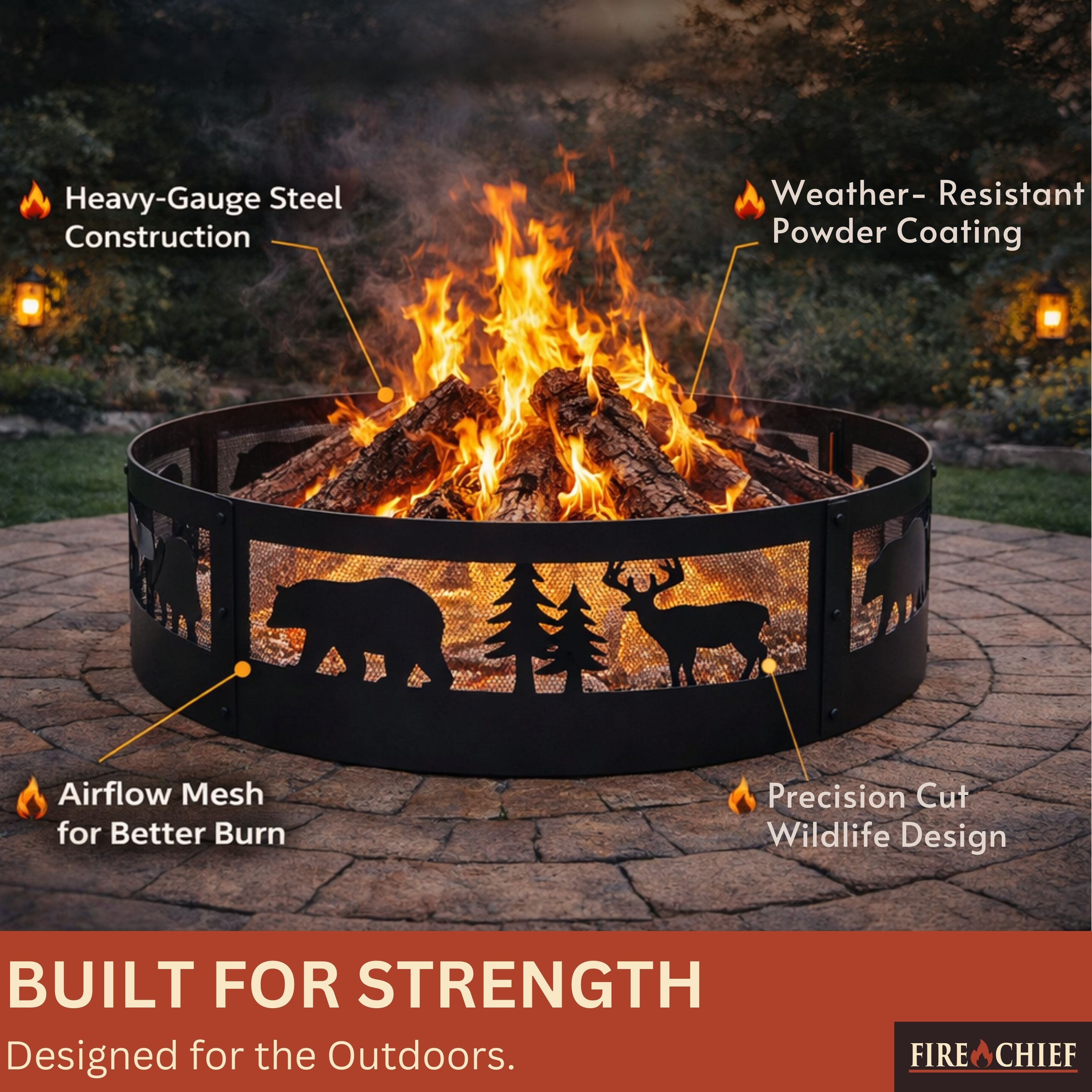 wood burning fire pit ring with decorative wildlife design