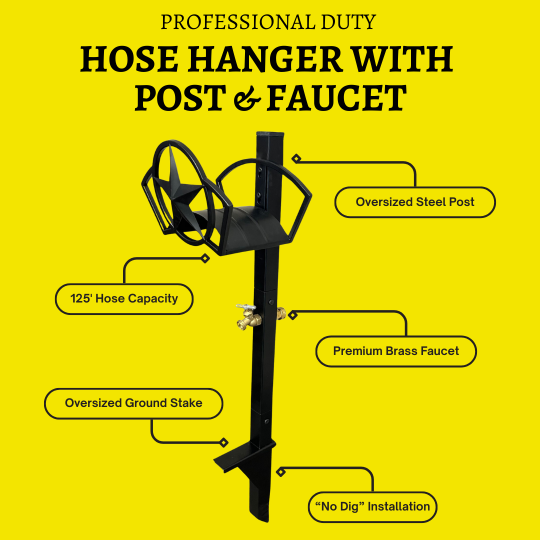 hose hanger with post and faucet for residential backyard use