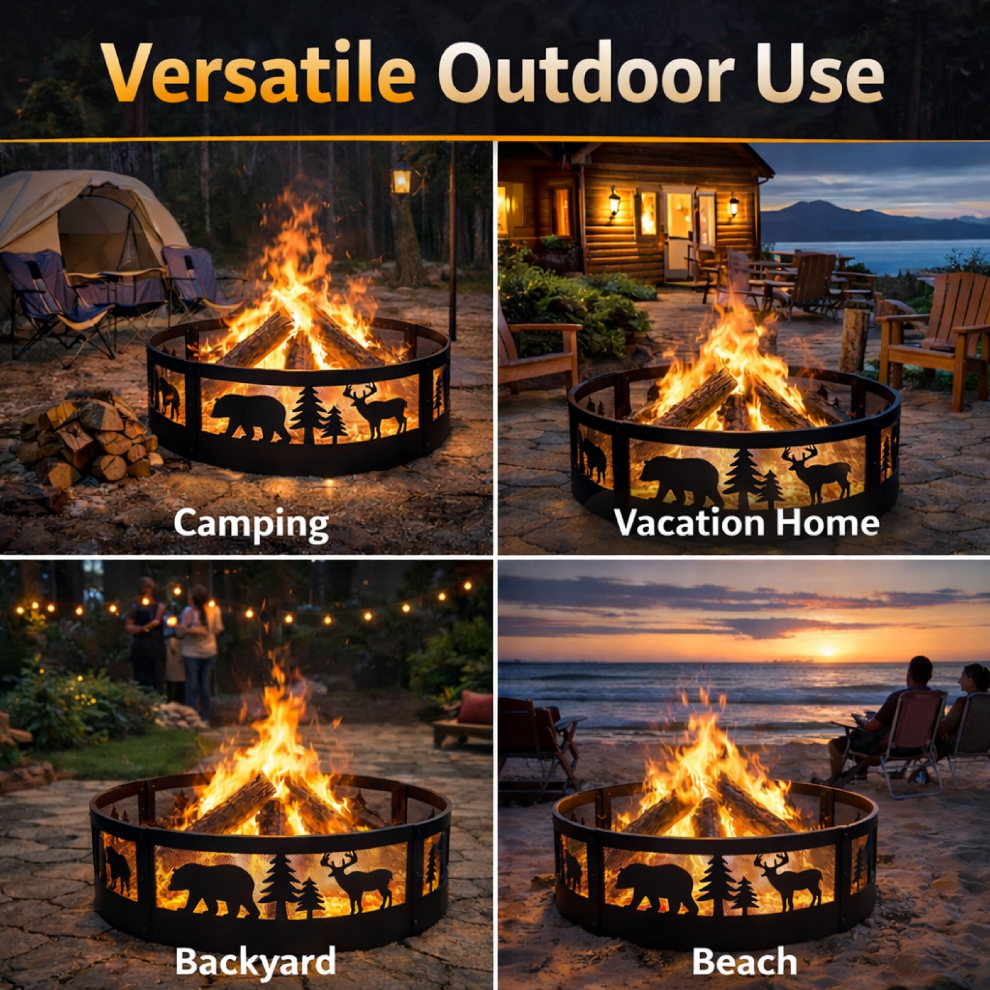 wood burning fire pit ring with decorative wildlife design