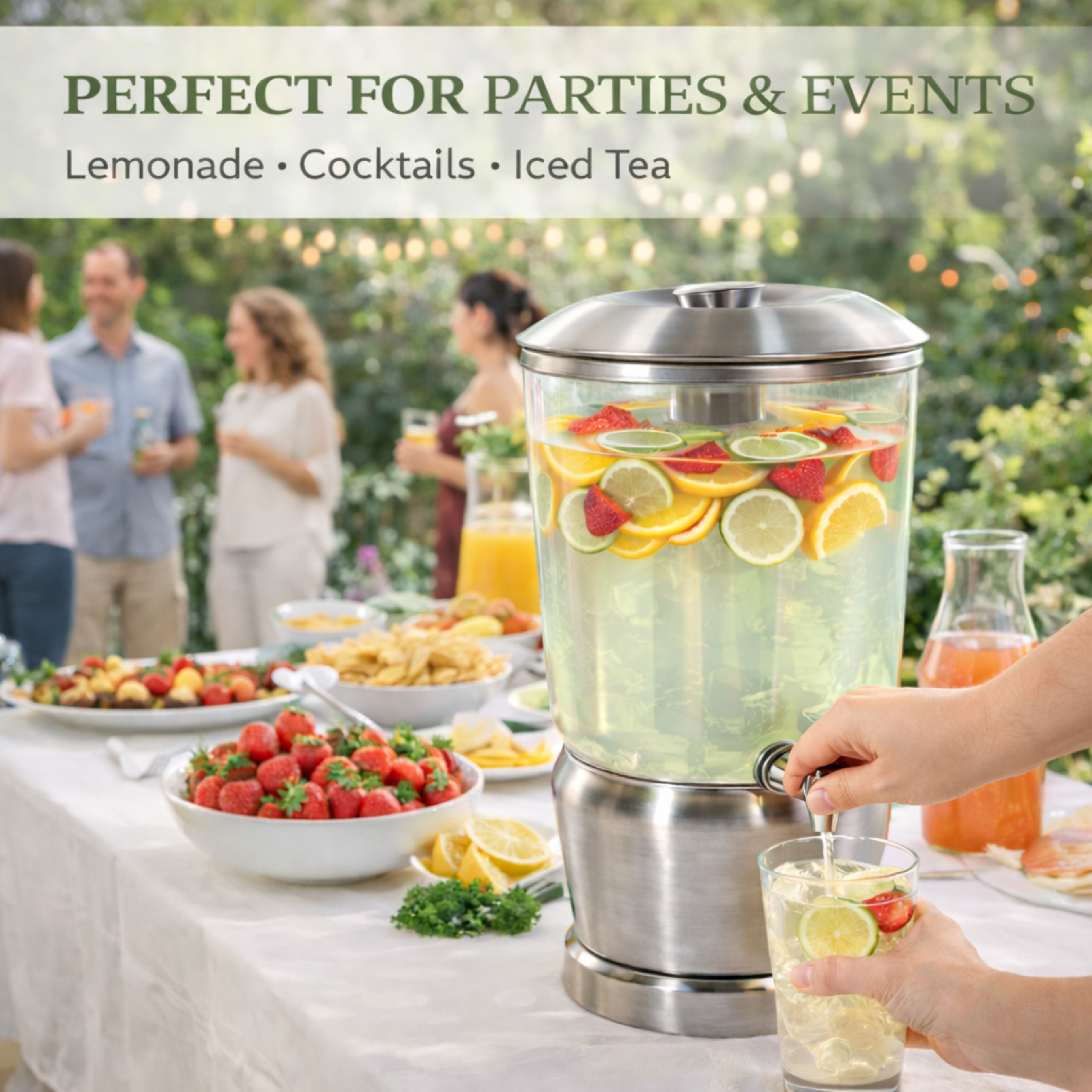 Outdoor party scene with a lemonade mixer and people enjoying refreshments.