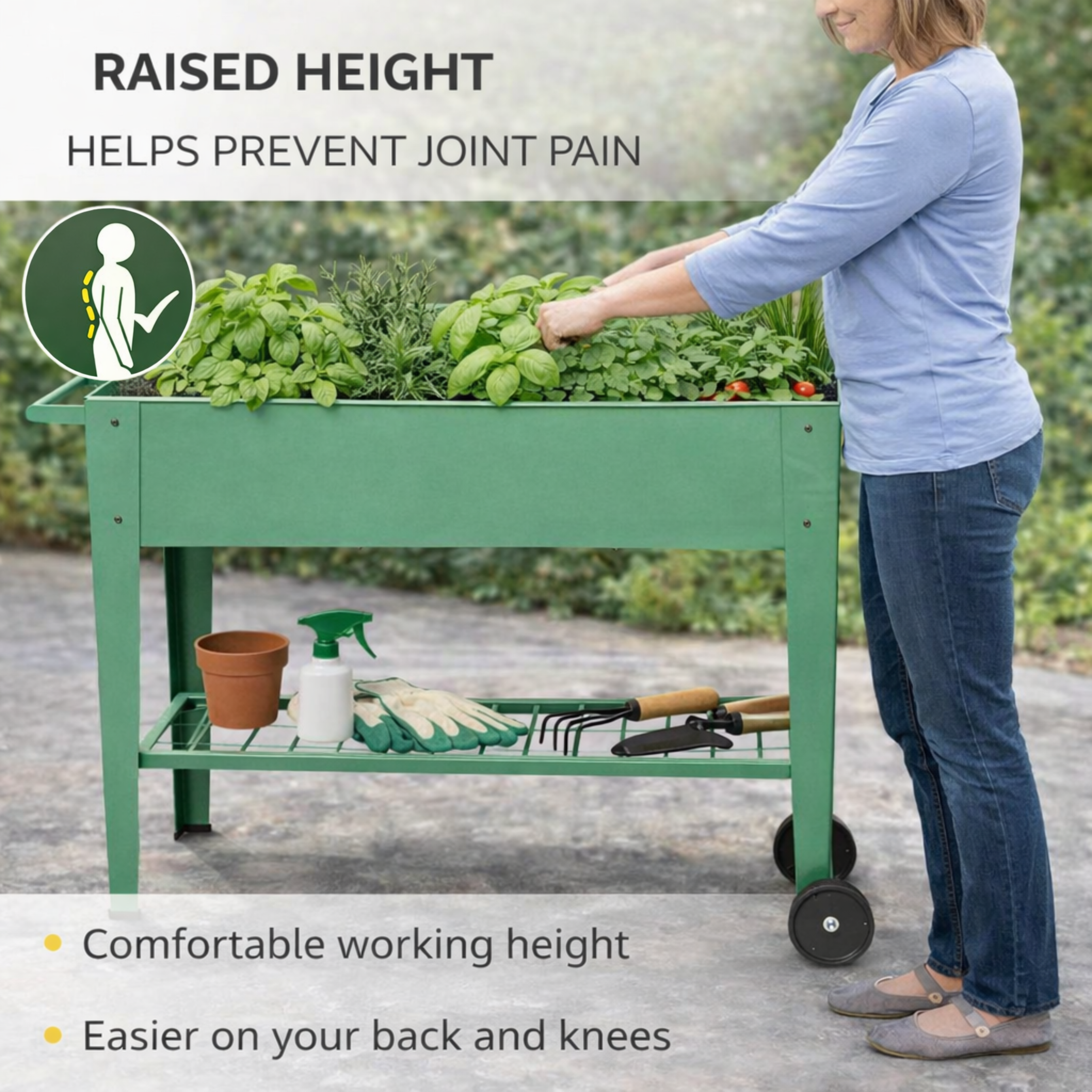 Raised garden bed with wheels holding an herb garden near a walkway