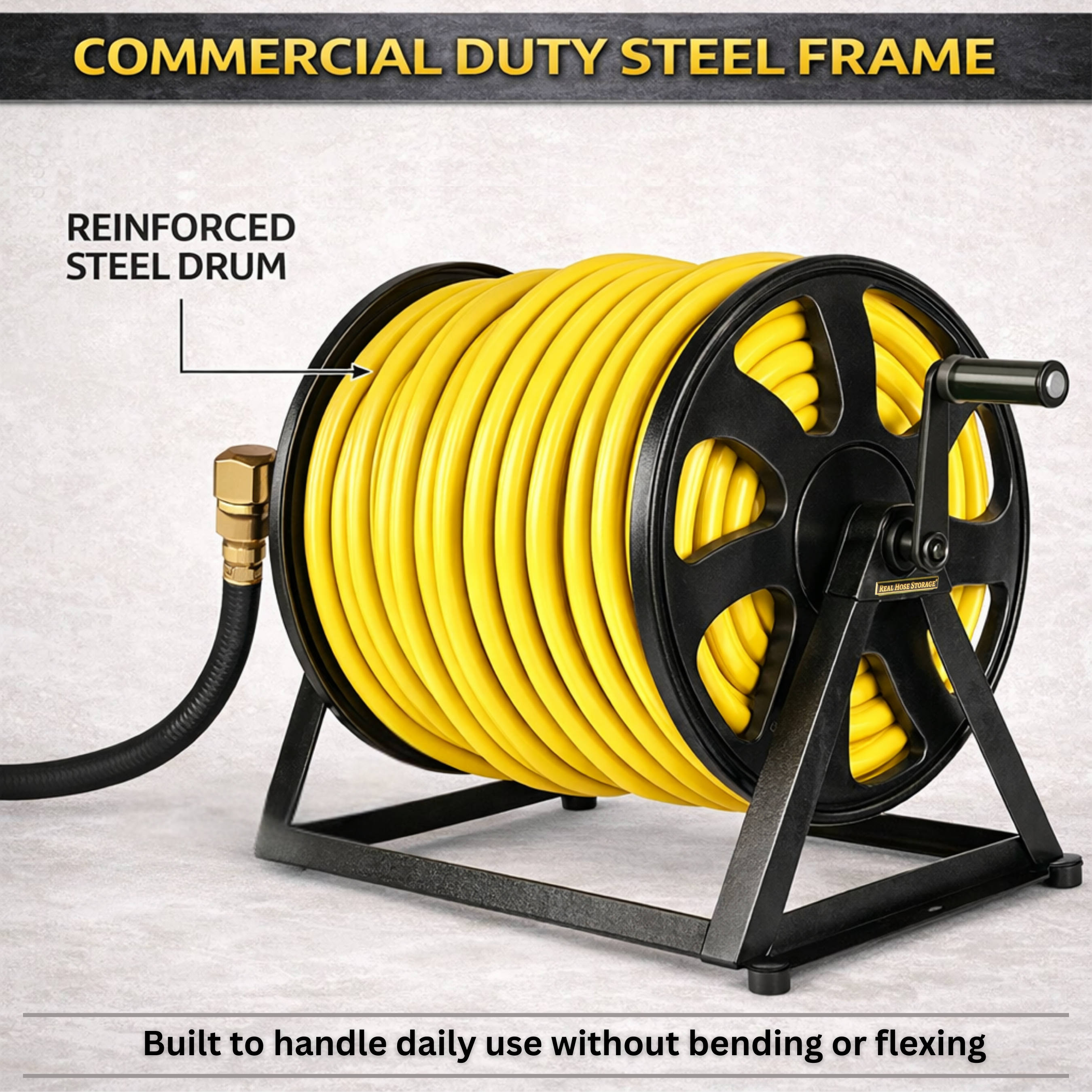 Compact hose reel mount supporting wall or floor use with space for 200 ft garden hose