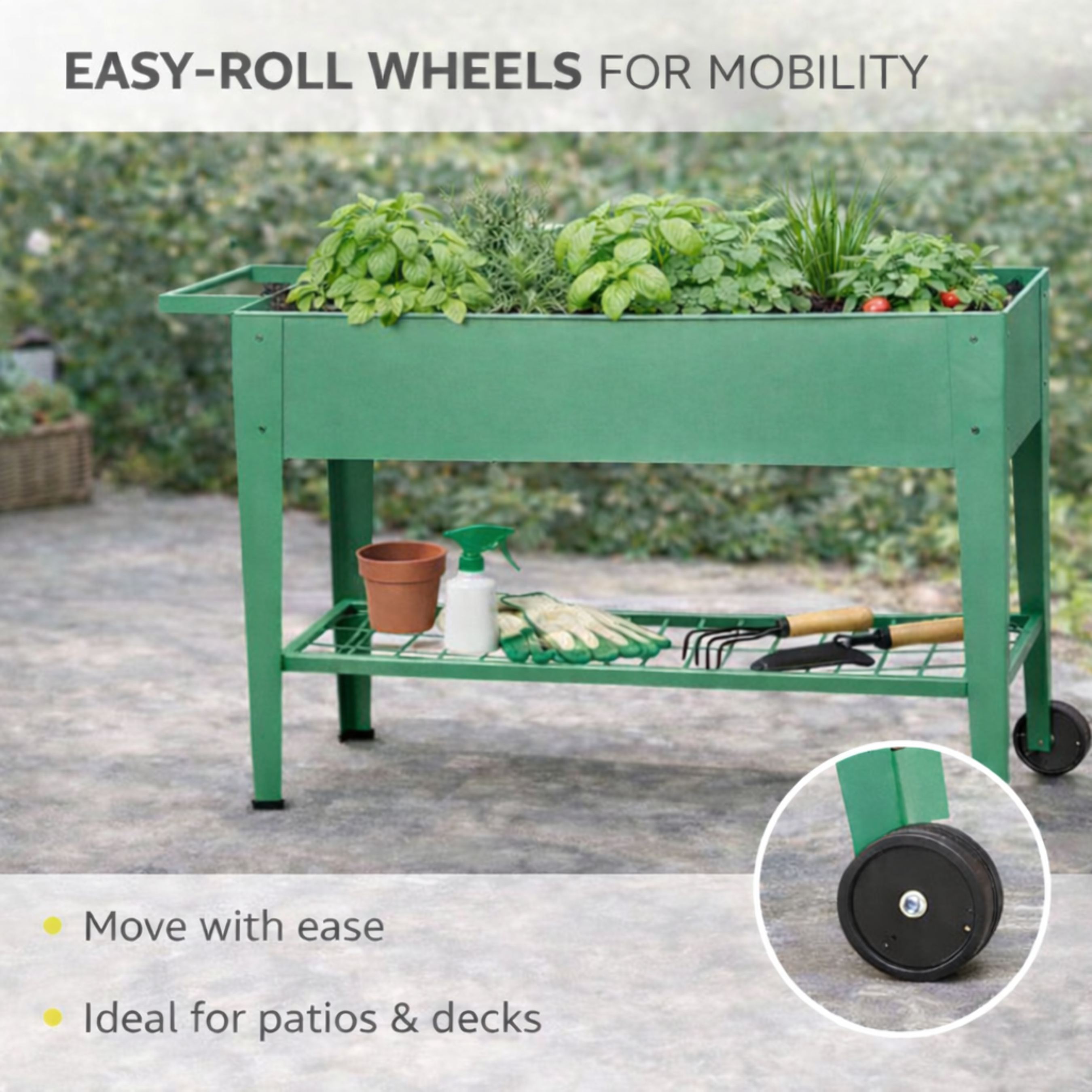 Elevated metal garden planter designed for herbs and vegetables