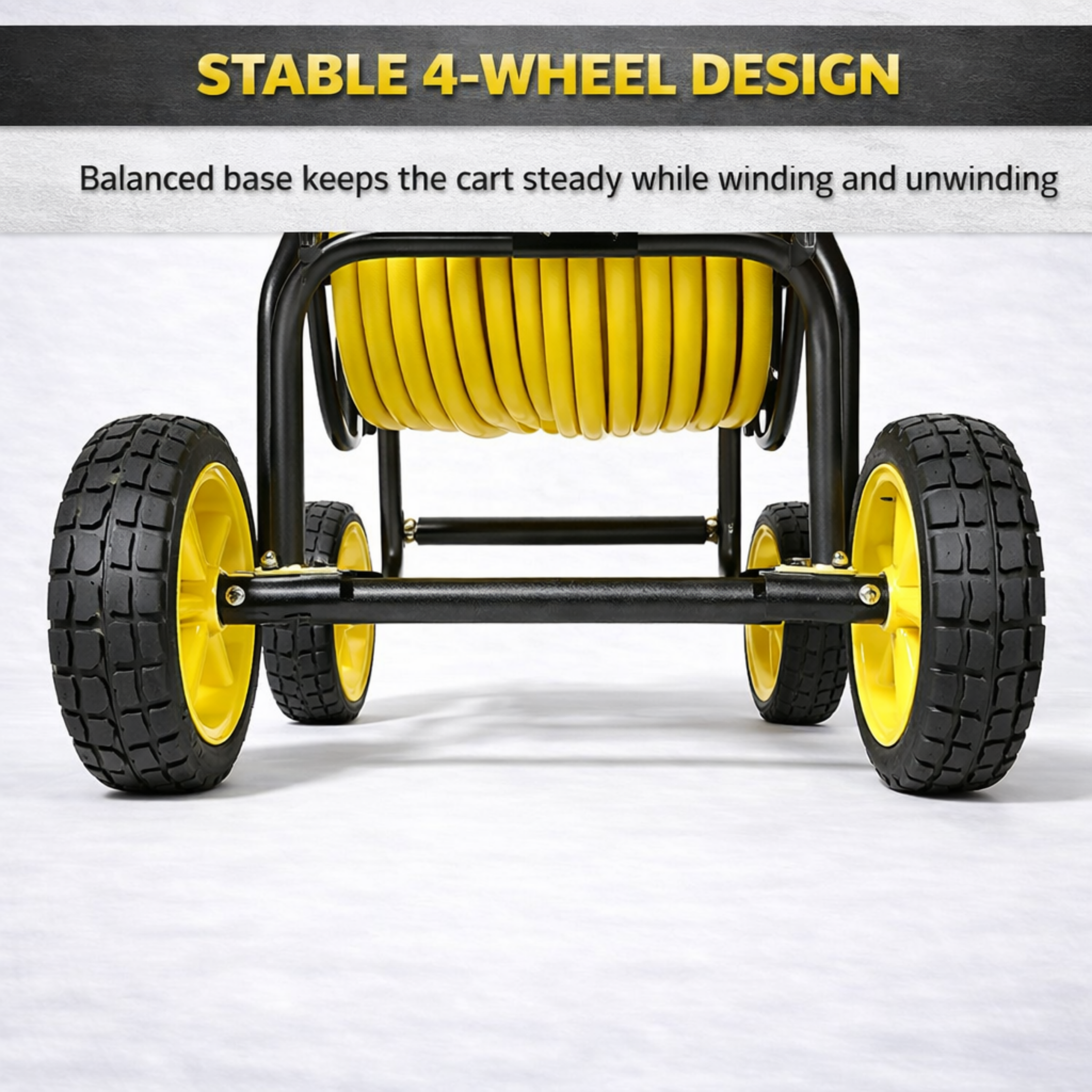 Durable metal hose reel cart with four wheels built for 250 ft hose storage