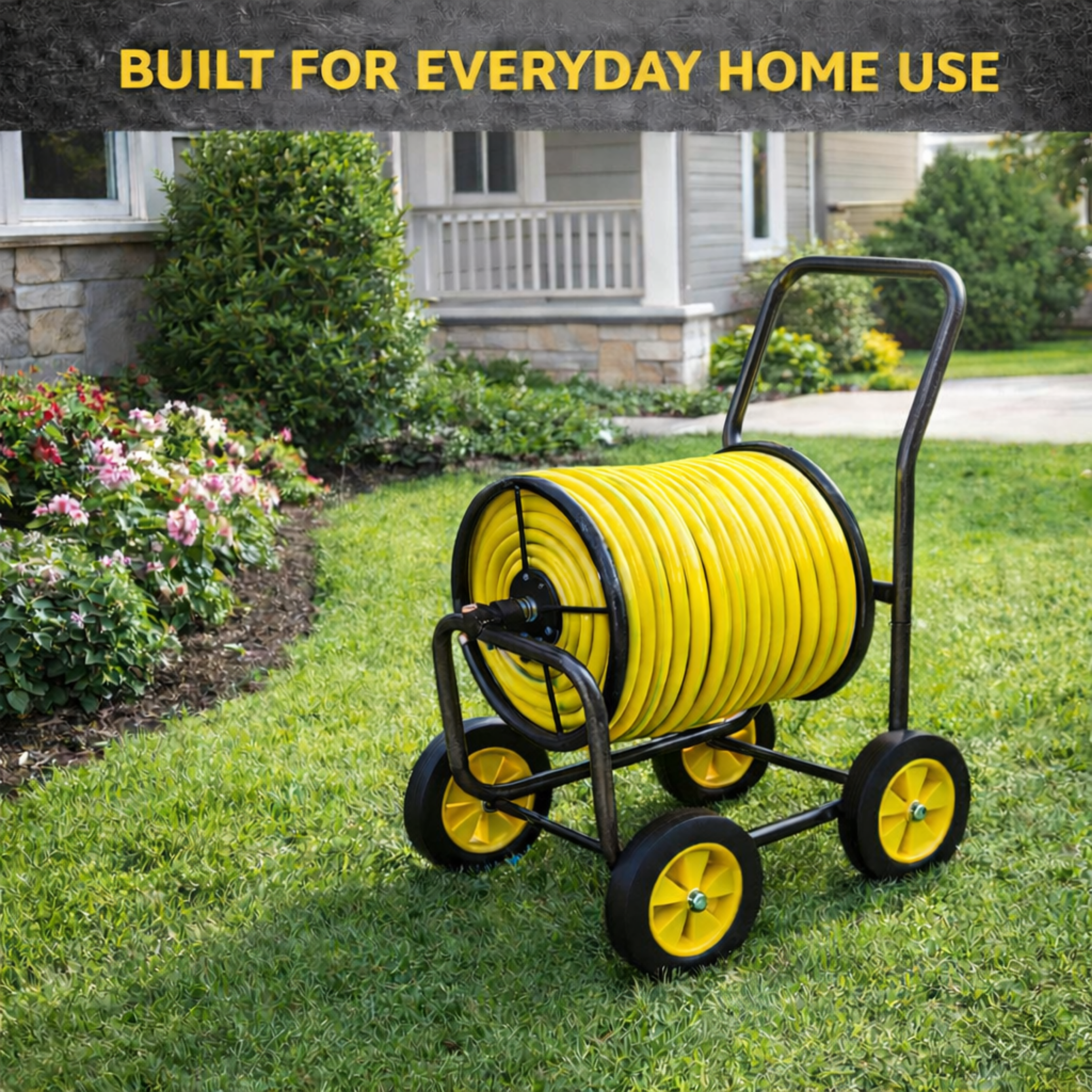 Metal hose reel cart with elevated handle and four-wheel base for easy maneuvering