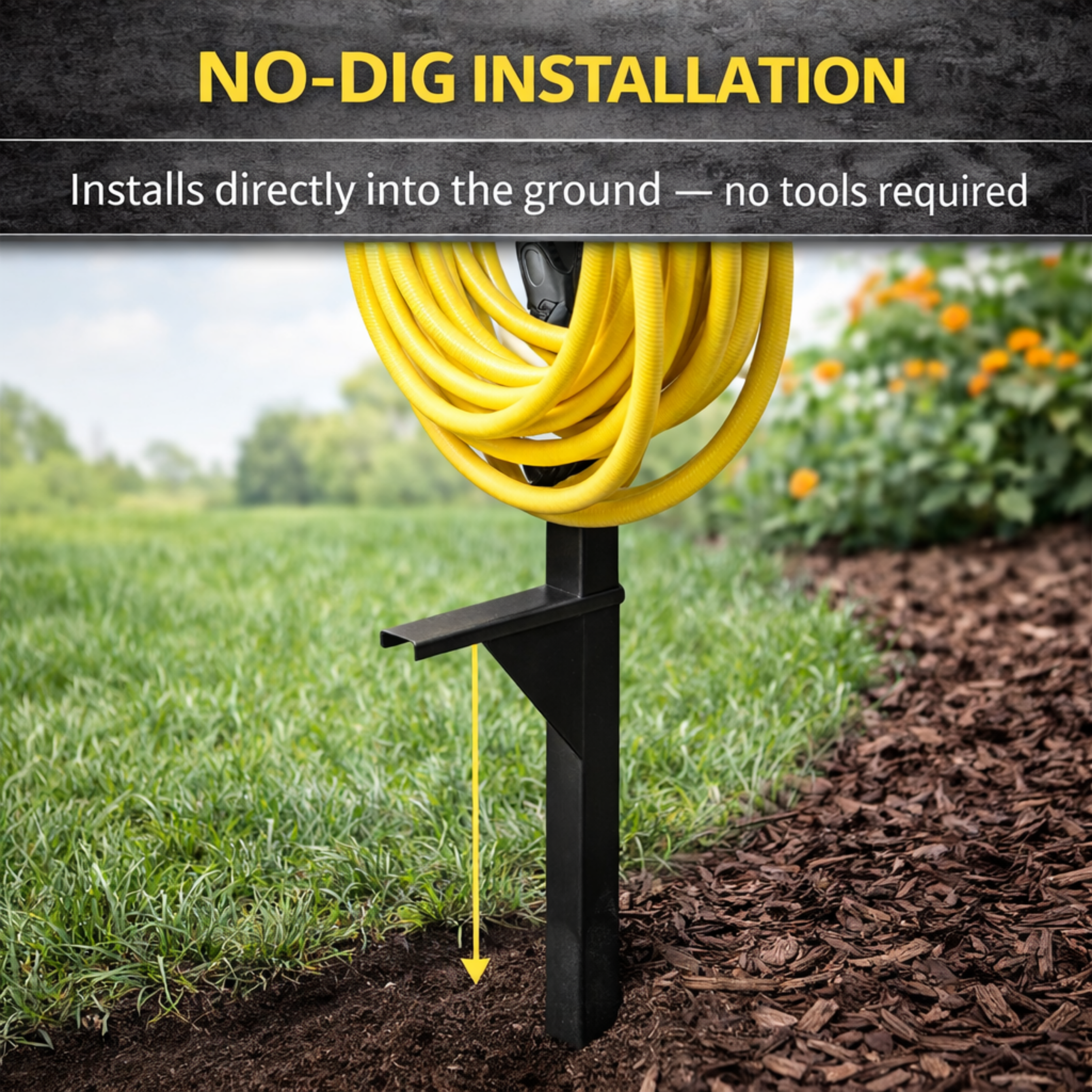 Durable steel hose hanger with vertical post supporting up to 125 ft hose capacity