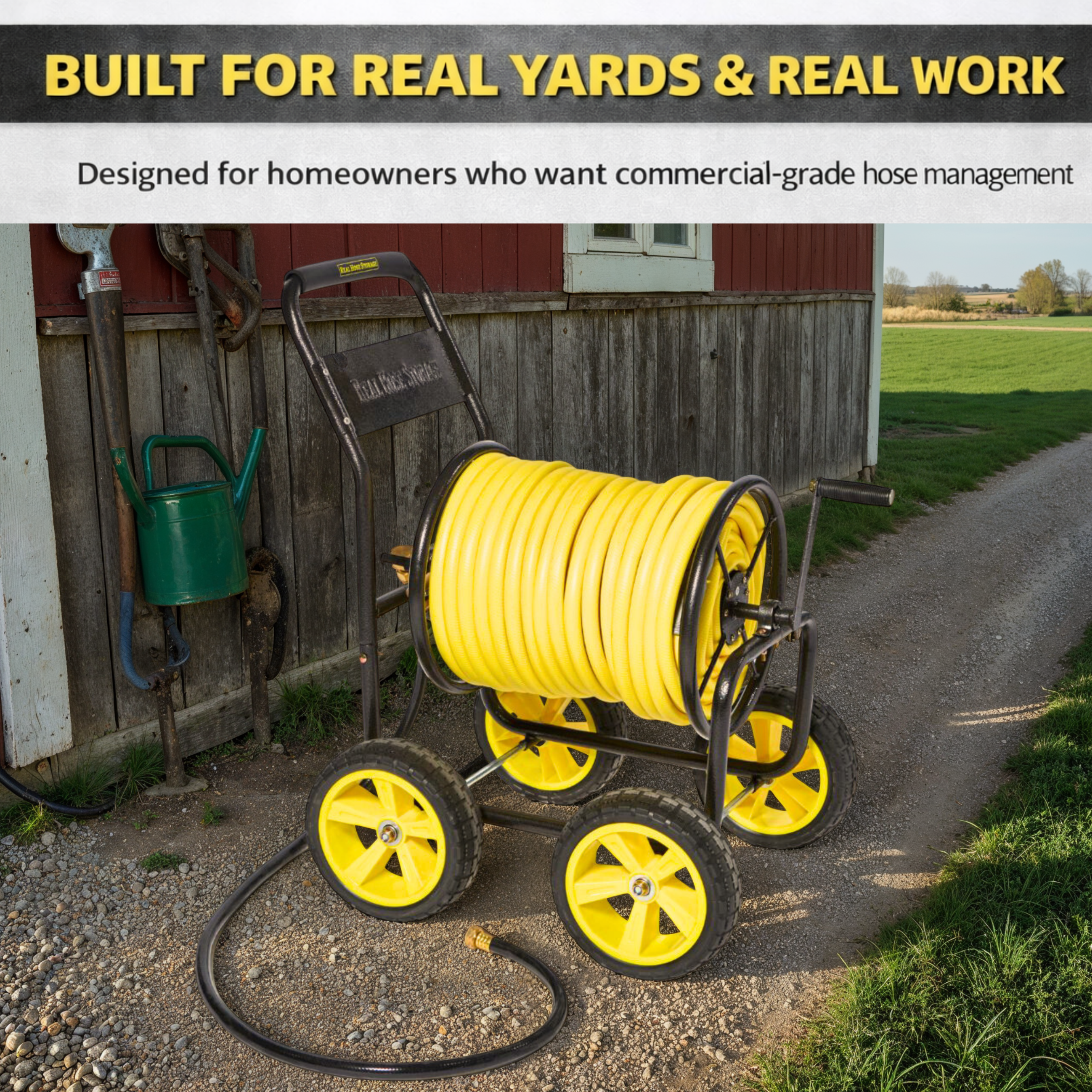 Outdoor metal hose reel cart featuring four wheels and 250 ft hose capacity