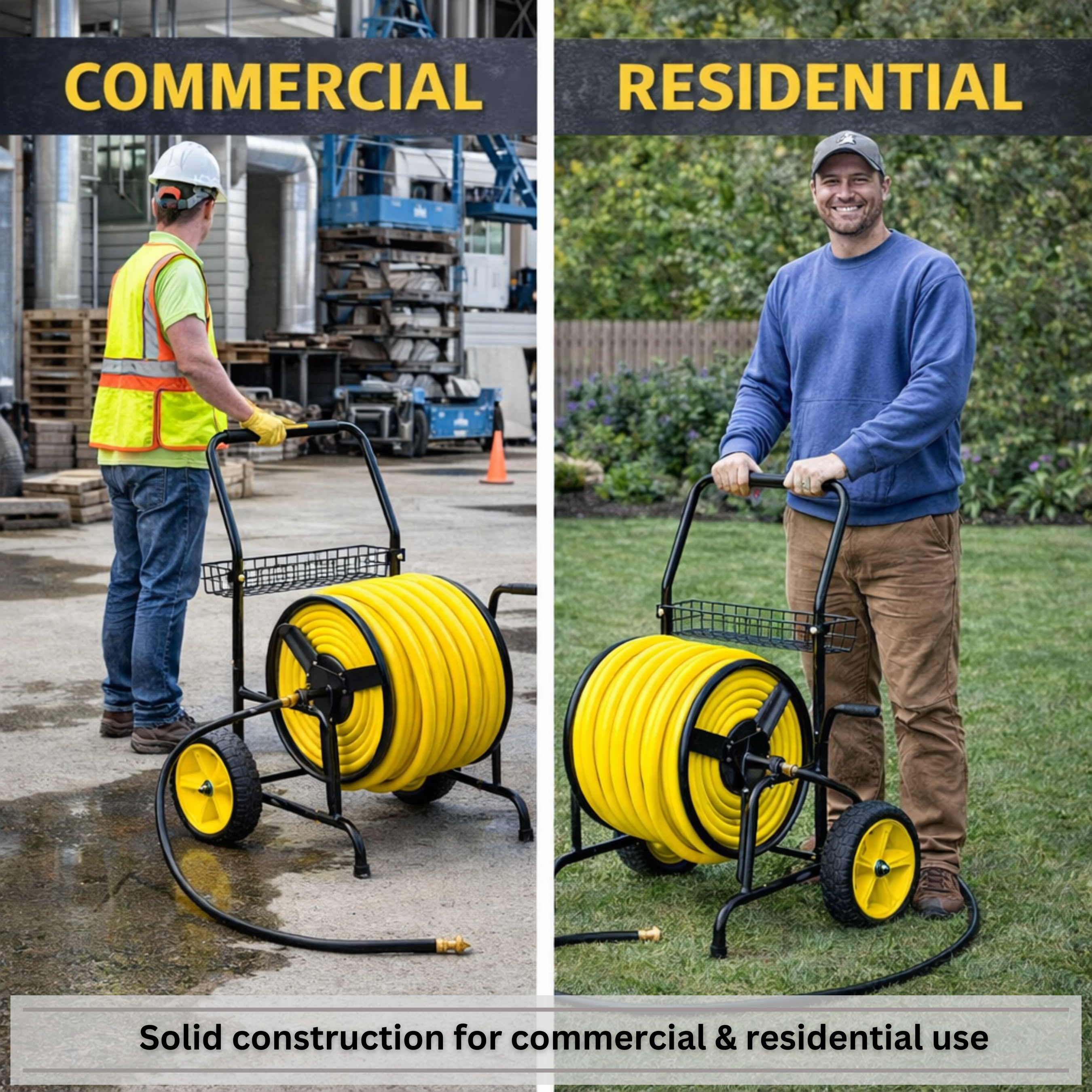 Rolling two-wheel hose cart designed to store 300 ft of hose for outdoor use