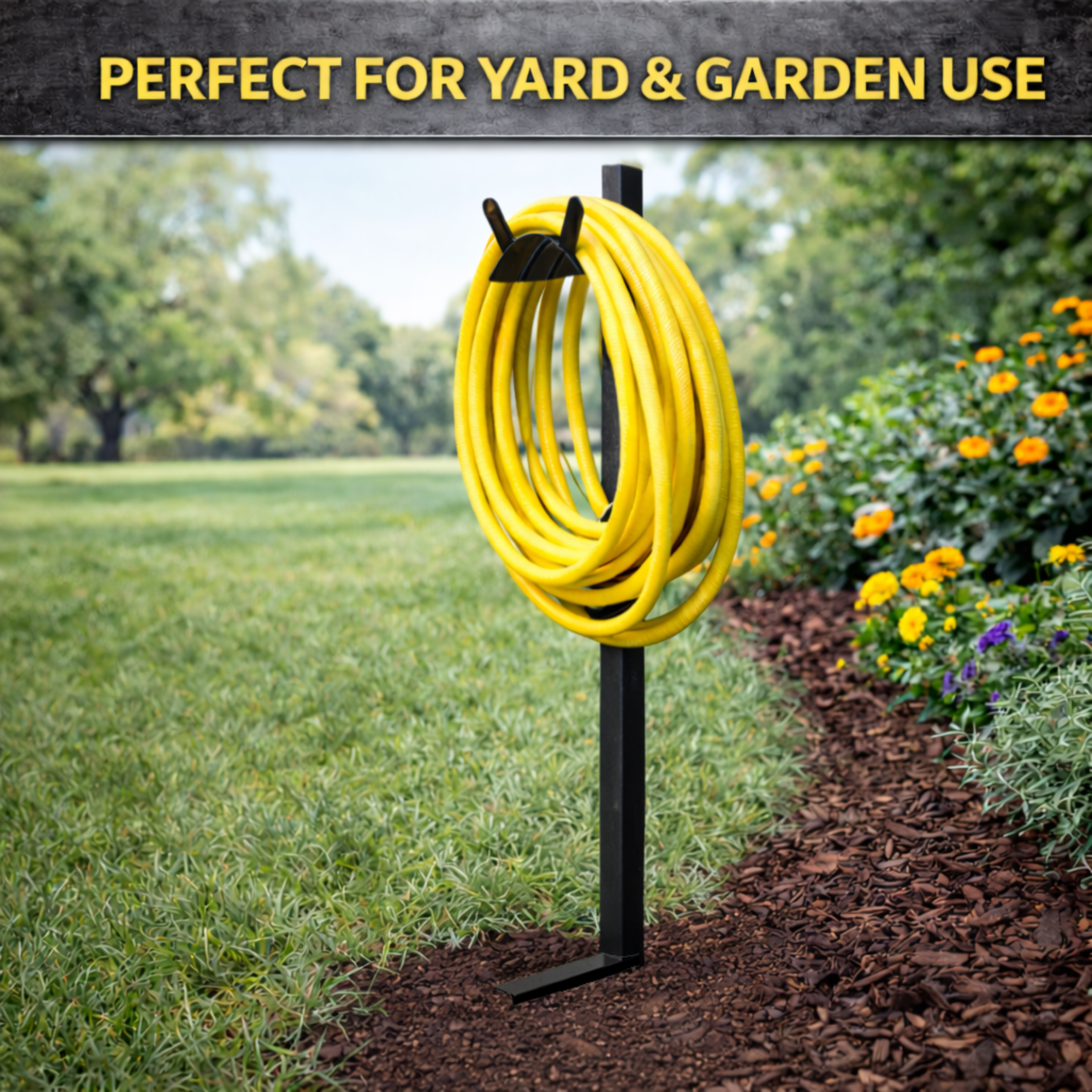 Metal hose hanger with steel post for storing up to 125 ft of garden hose