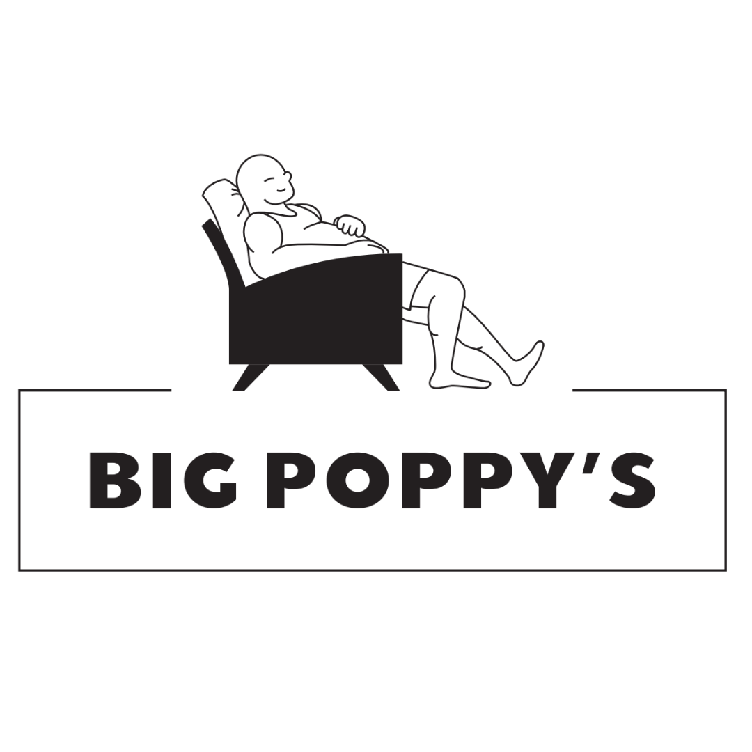 Logo of Big Poppy's with a person reclining on a chair.
