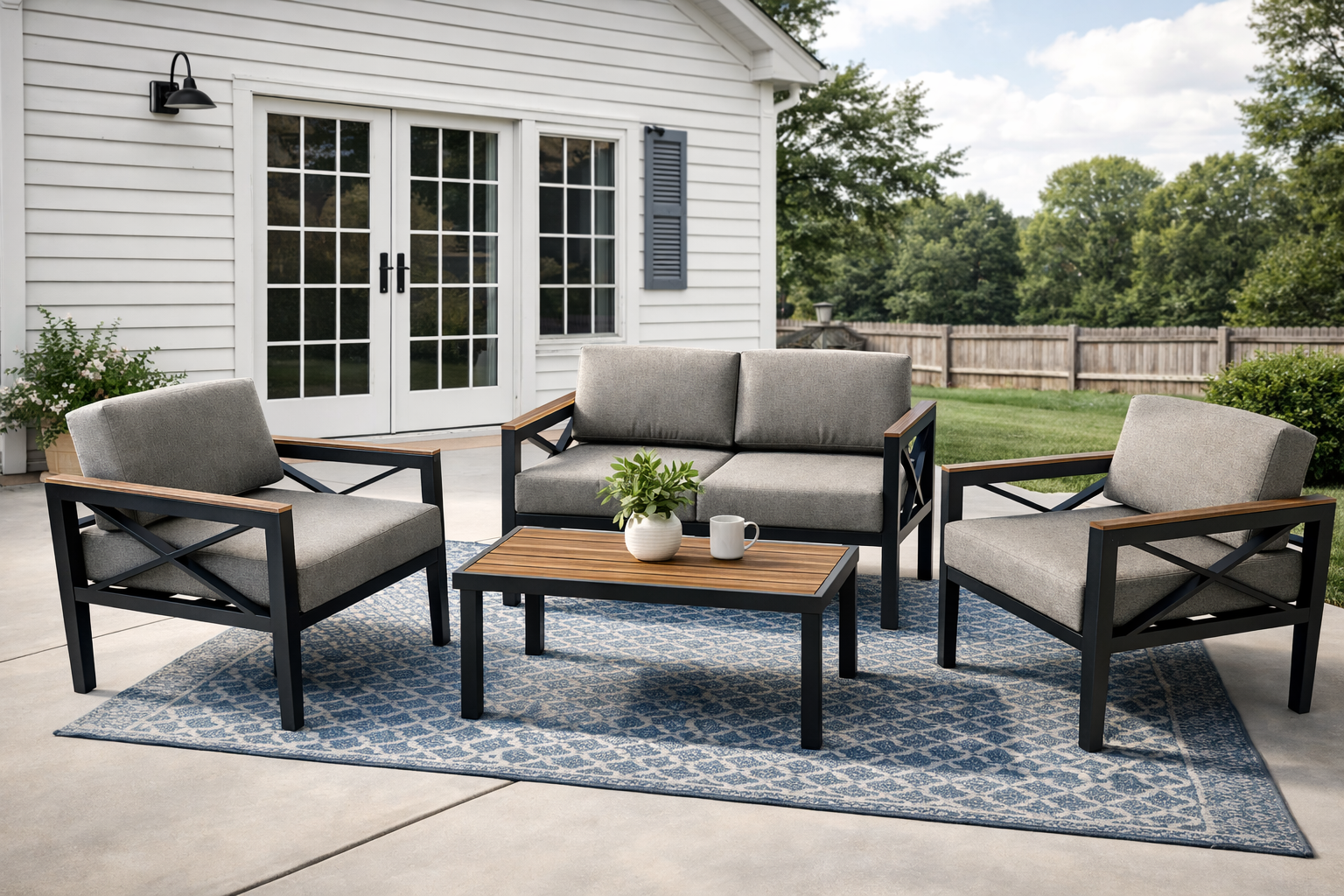 Outdoor patio set with gray cushions on a blue patterned rug in front of a house.