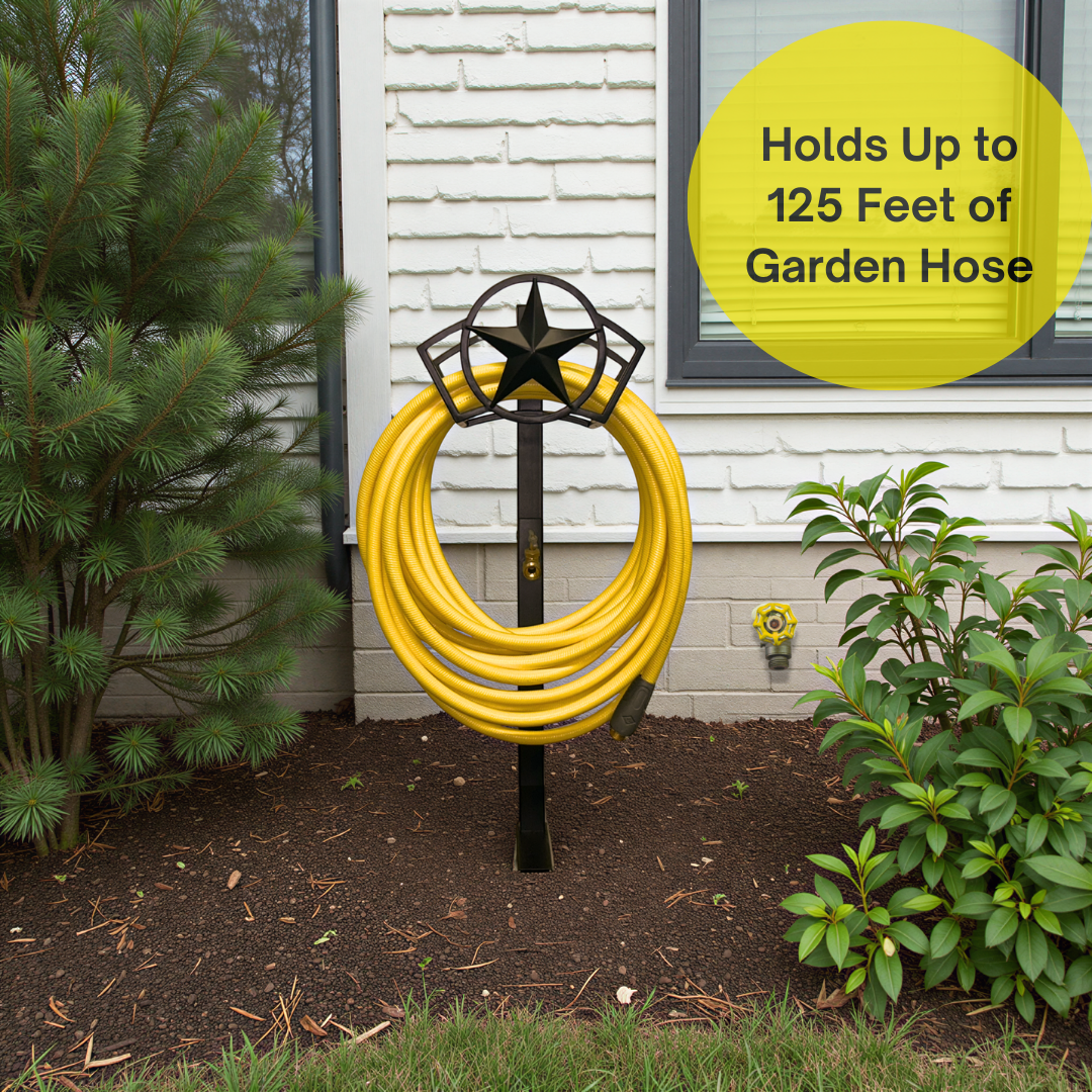 hose hanger with post and faucet for outdoor garden hoses