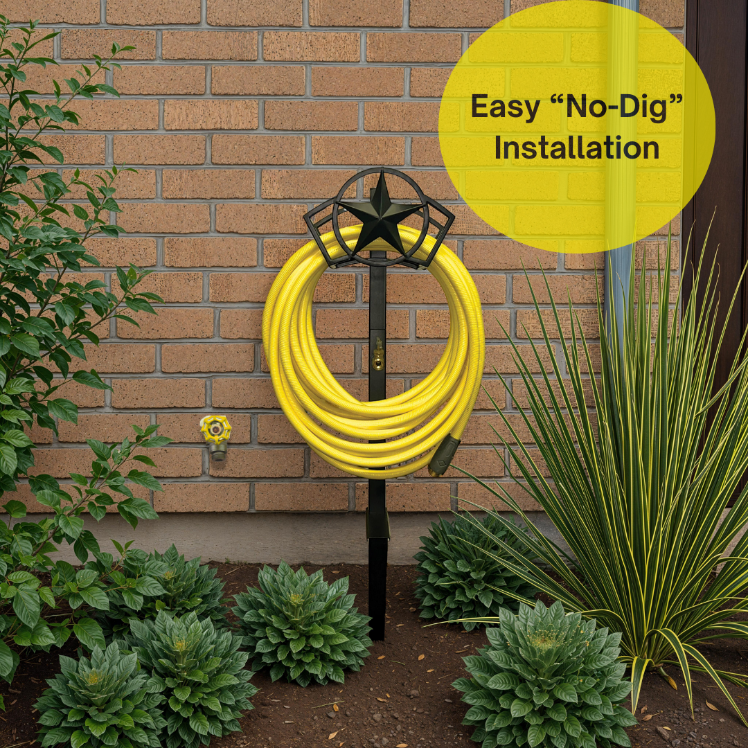 hose hanger with post and faucet for residential backyard use