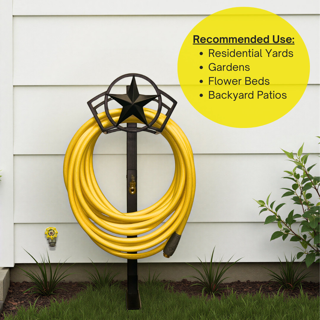 hose hanger with post and faucet for outdoor garden hoses