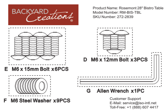 (RM-BIS-TBL) Rosemont & (MON-BIS) Monroe 28" Bistro Table Replacement Parts