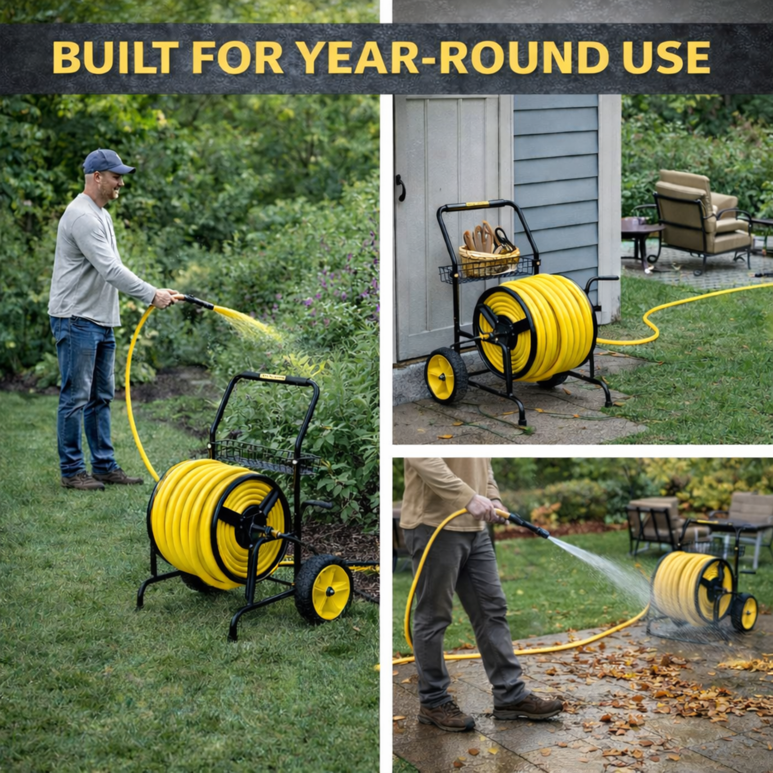 Durable 2-wheel hose reel cart with 300 ft hose capacity for residential and commercial settings