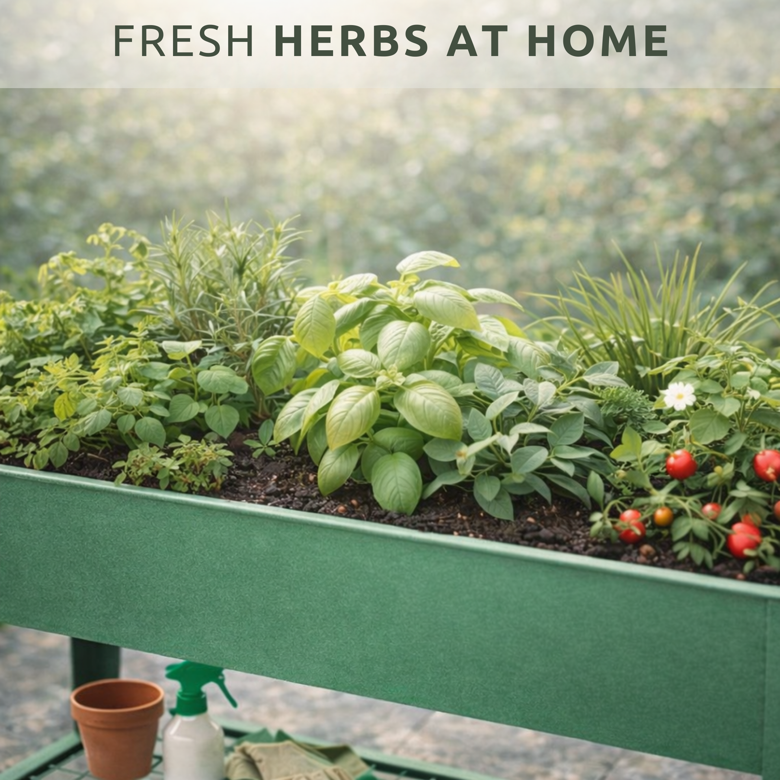 Wheeled raised garden bed positioned near a kitchen door