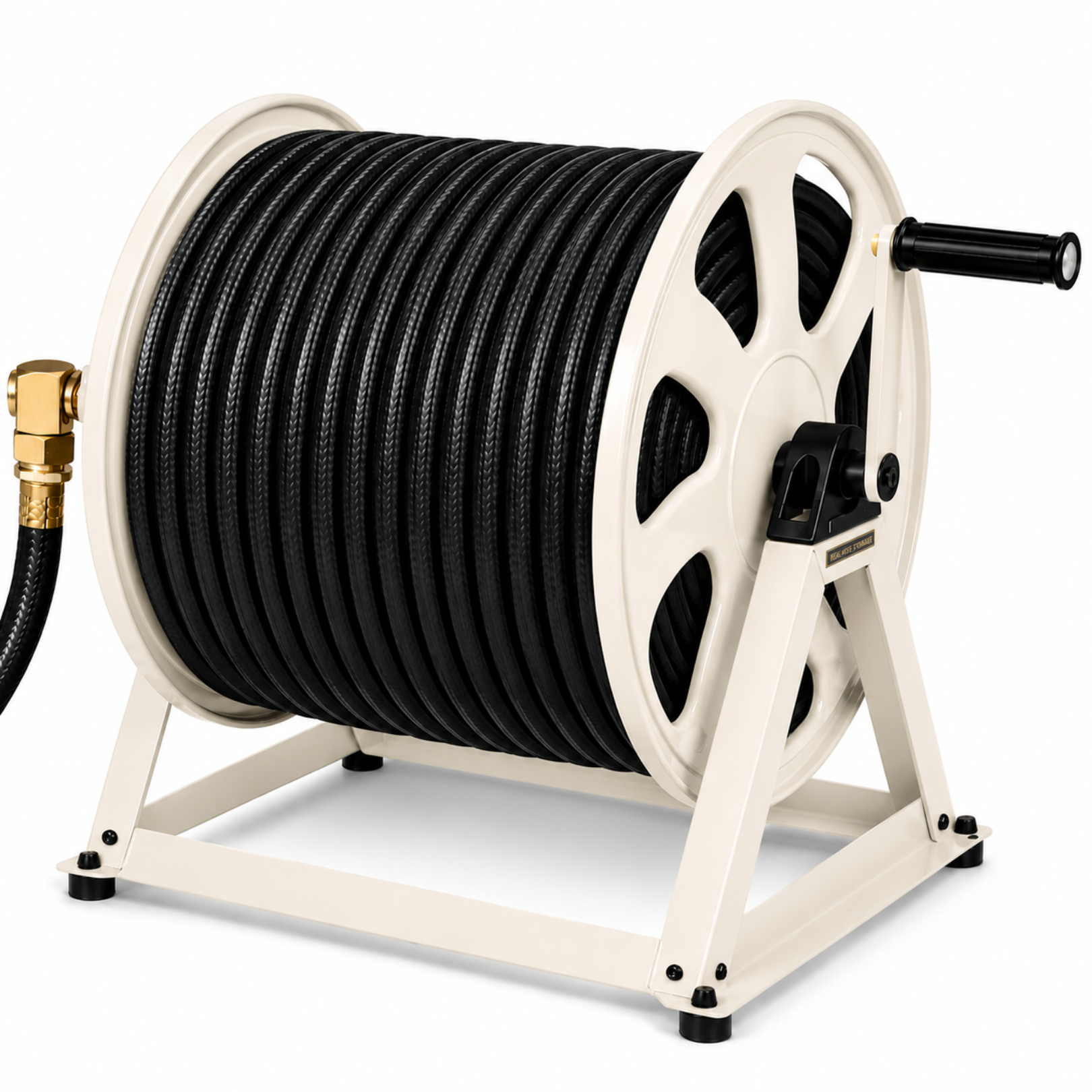 Hose reel with black hose on a white background
