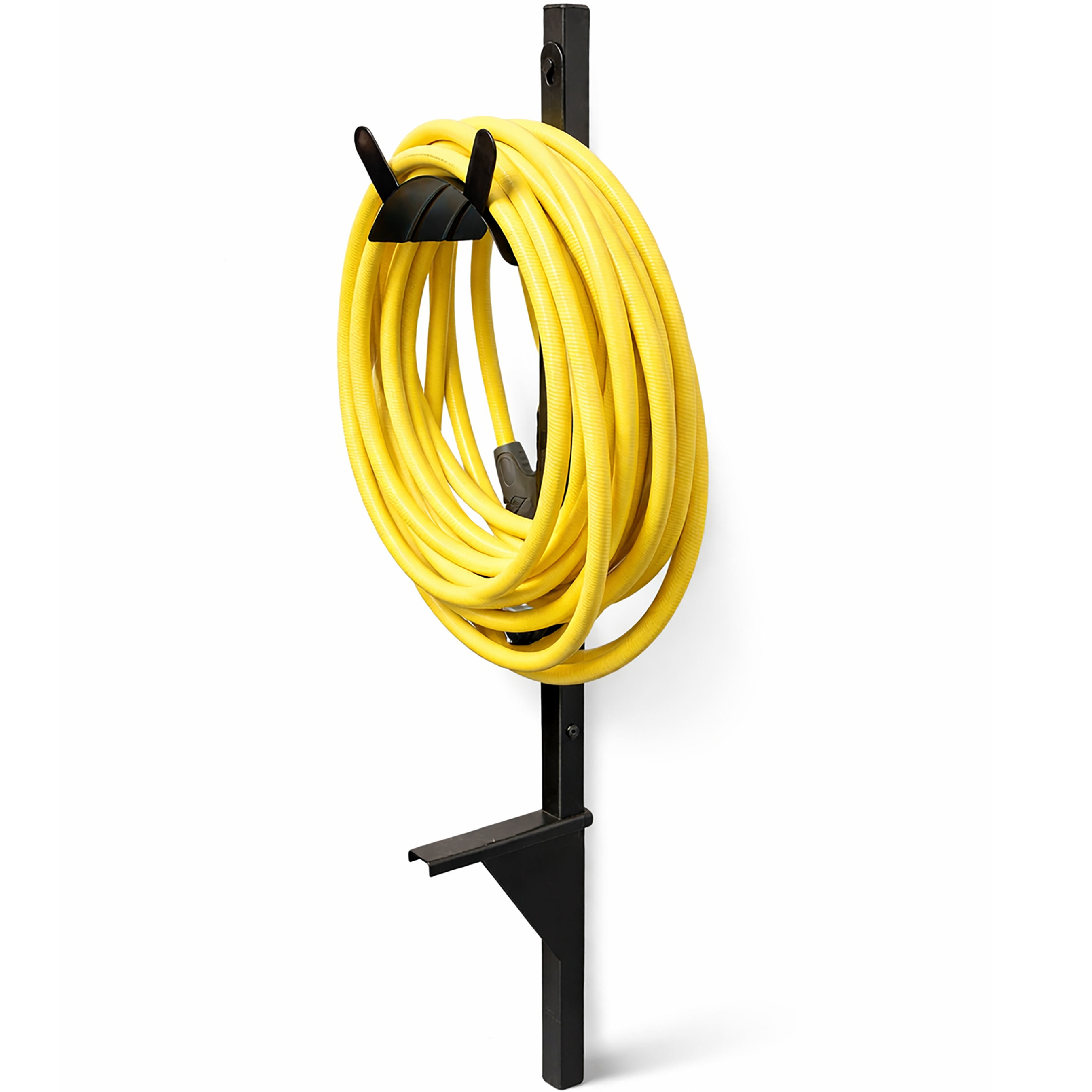 Steel hose hanger with post designed to support up to 125 ft of garden hose