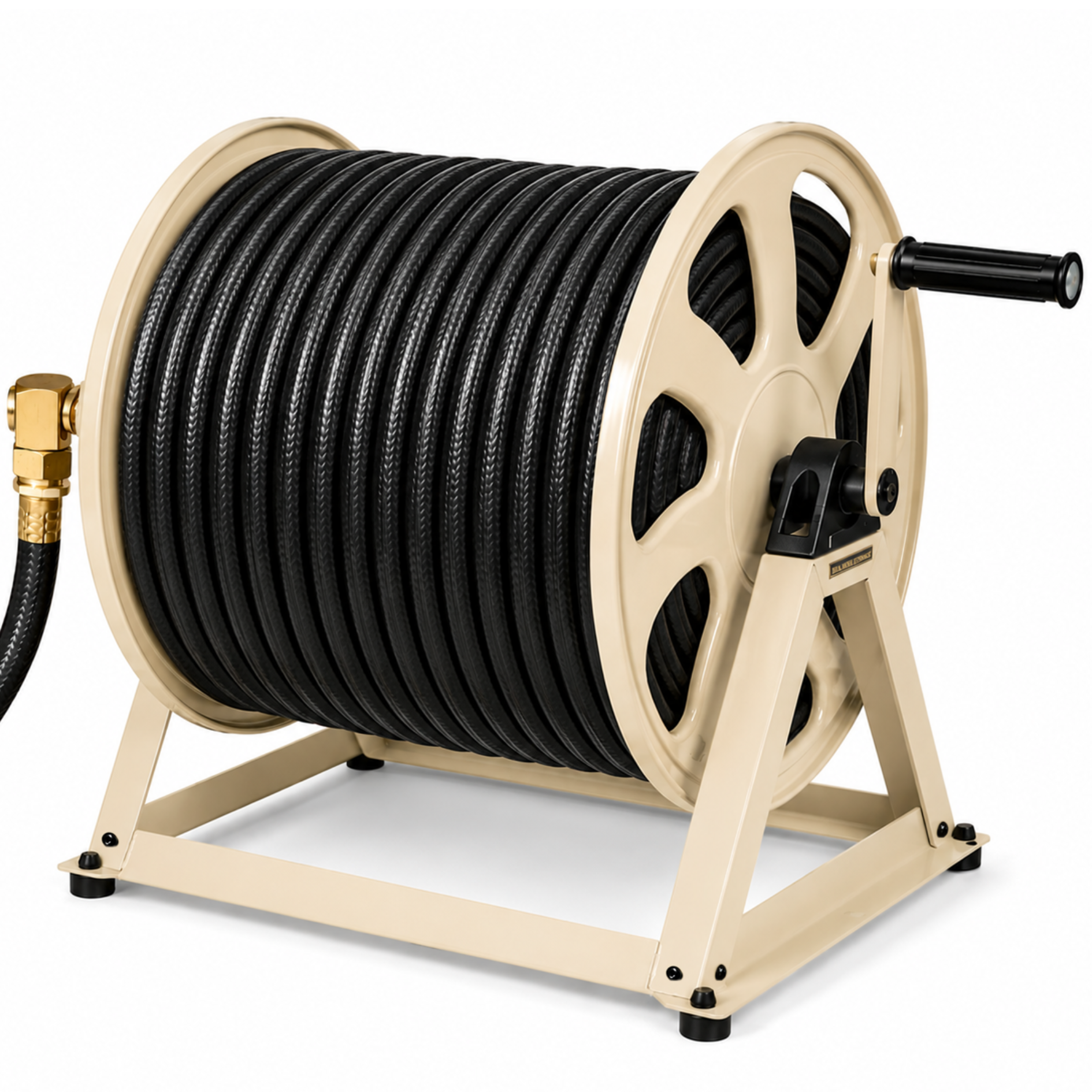 Tan hose reel with black hose on a white background