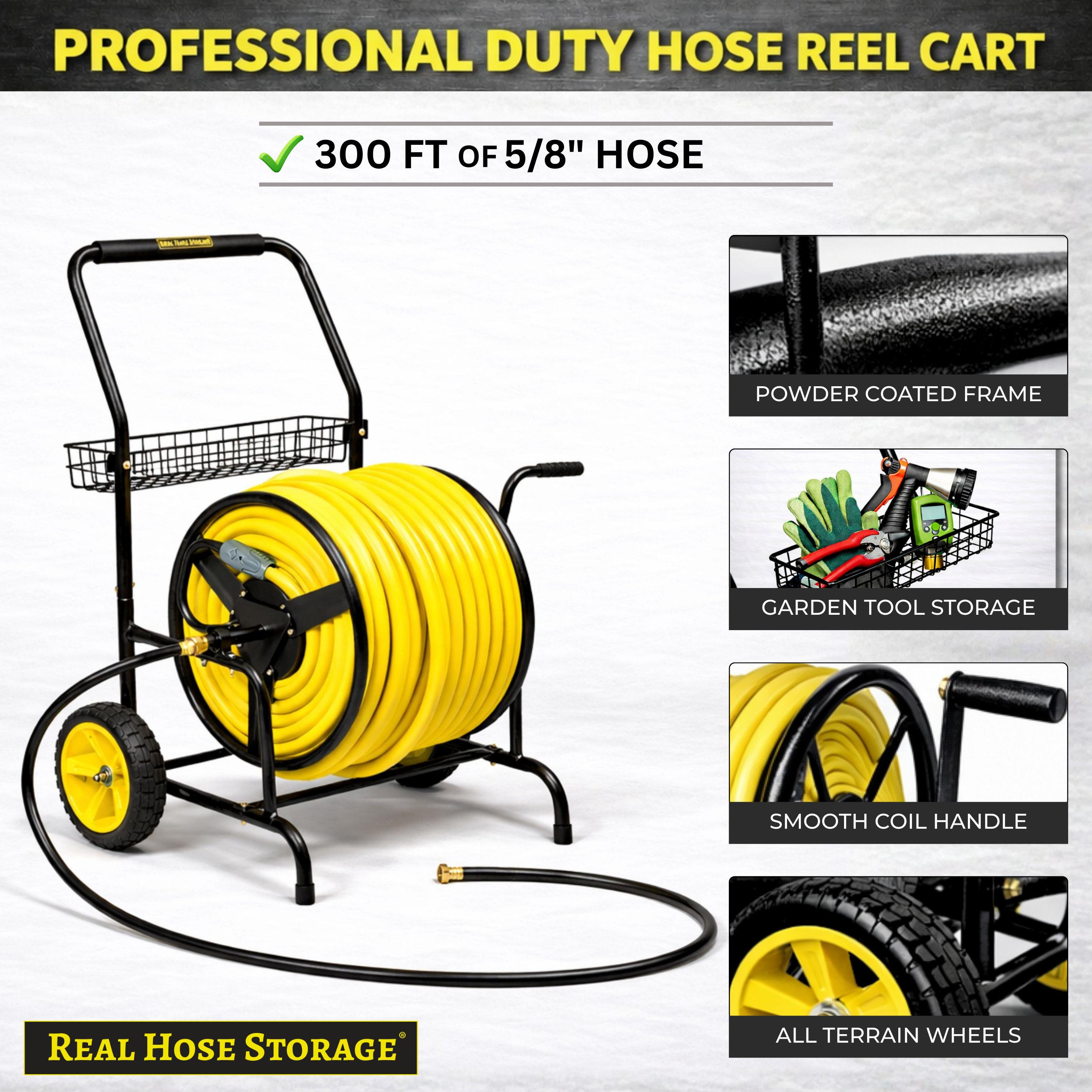 Two-wheel hose cart with 300 ft hose capacity designed for residential and commercial use