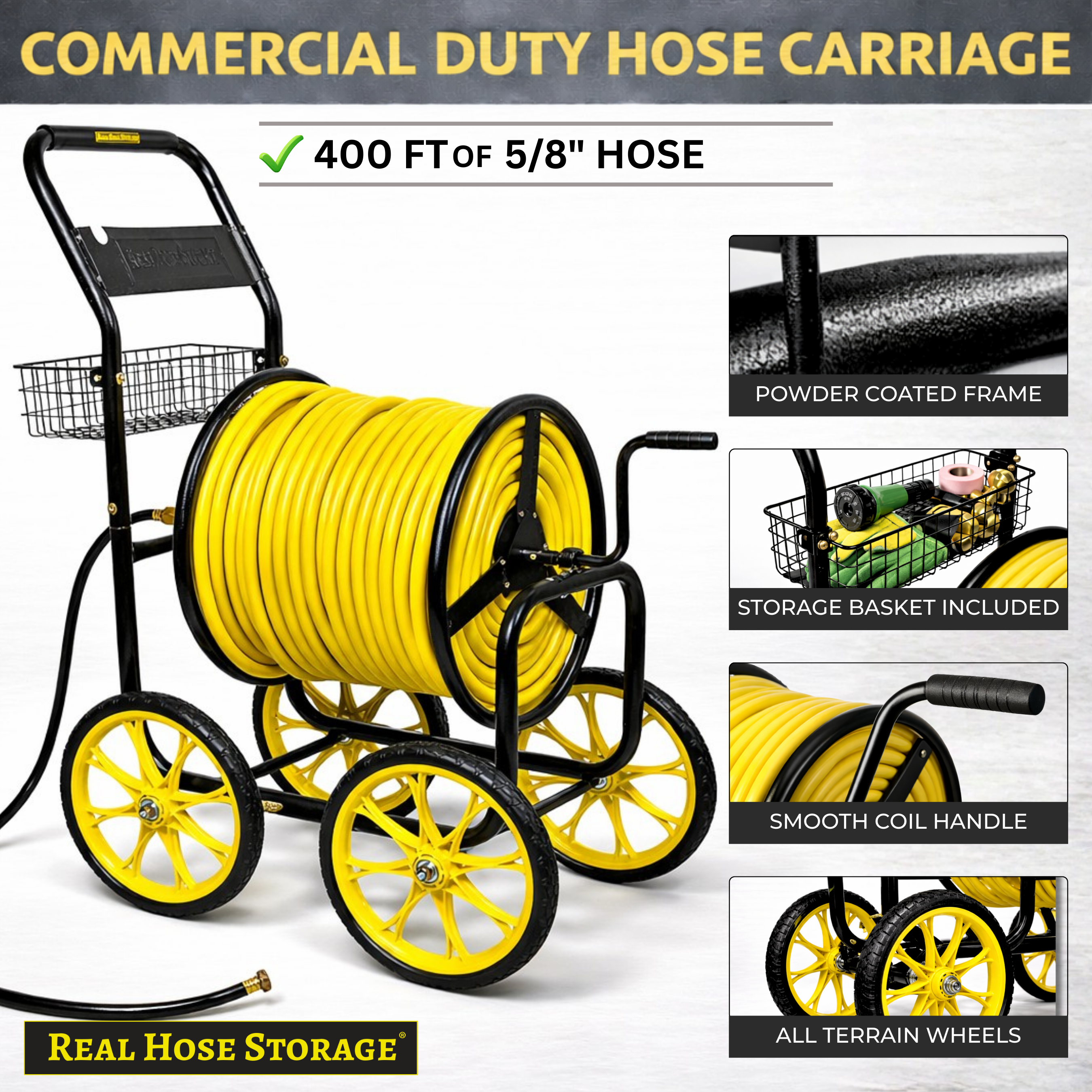 Heavy-duty metal hose reel cart with 4-wheel base and raised handle to reduce back strain