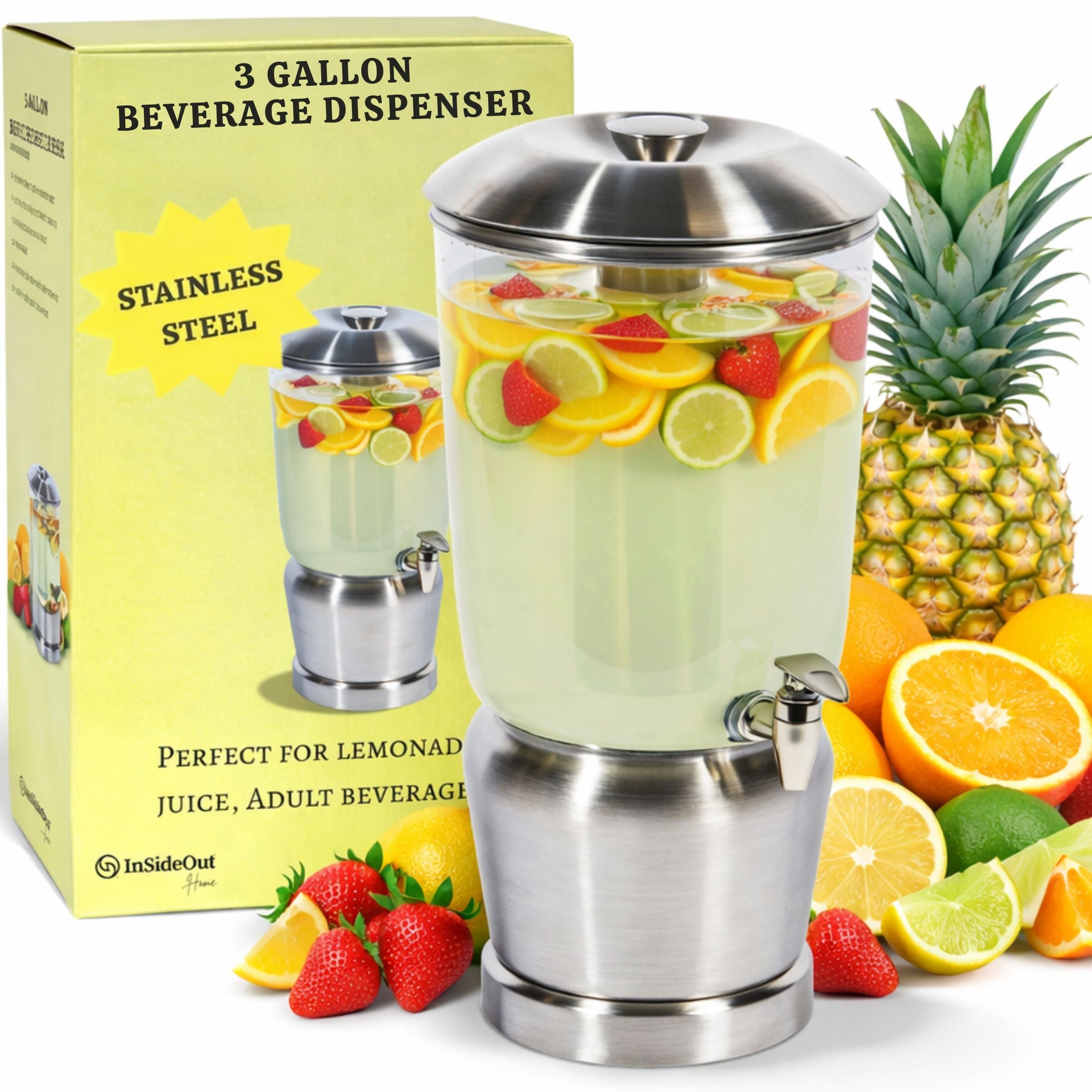 Stainless steel beverage dispenser with fruits and packaging on a white background