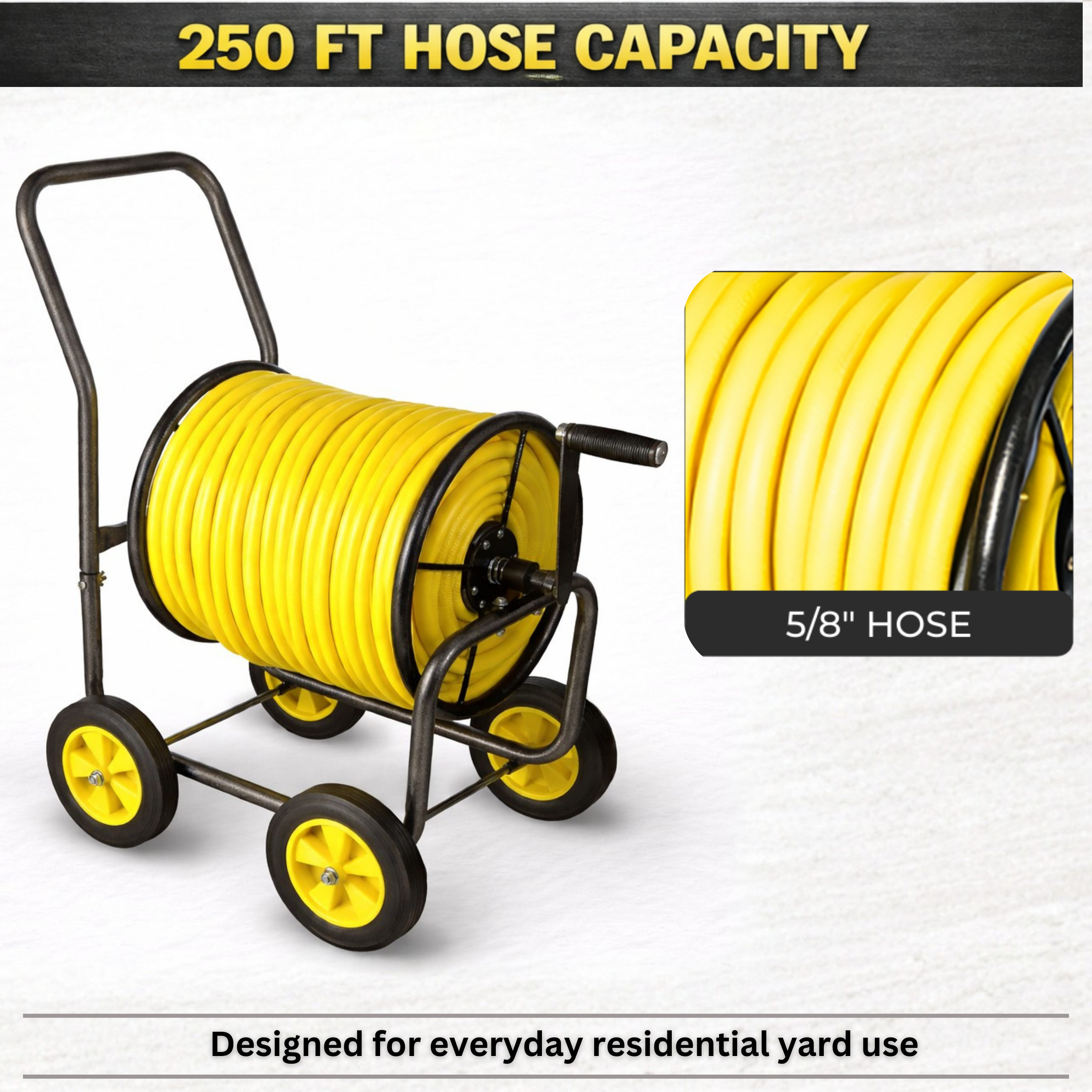 Metal hose reel cart with four wheels holding long garden hose for organized outdoor storage