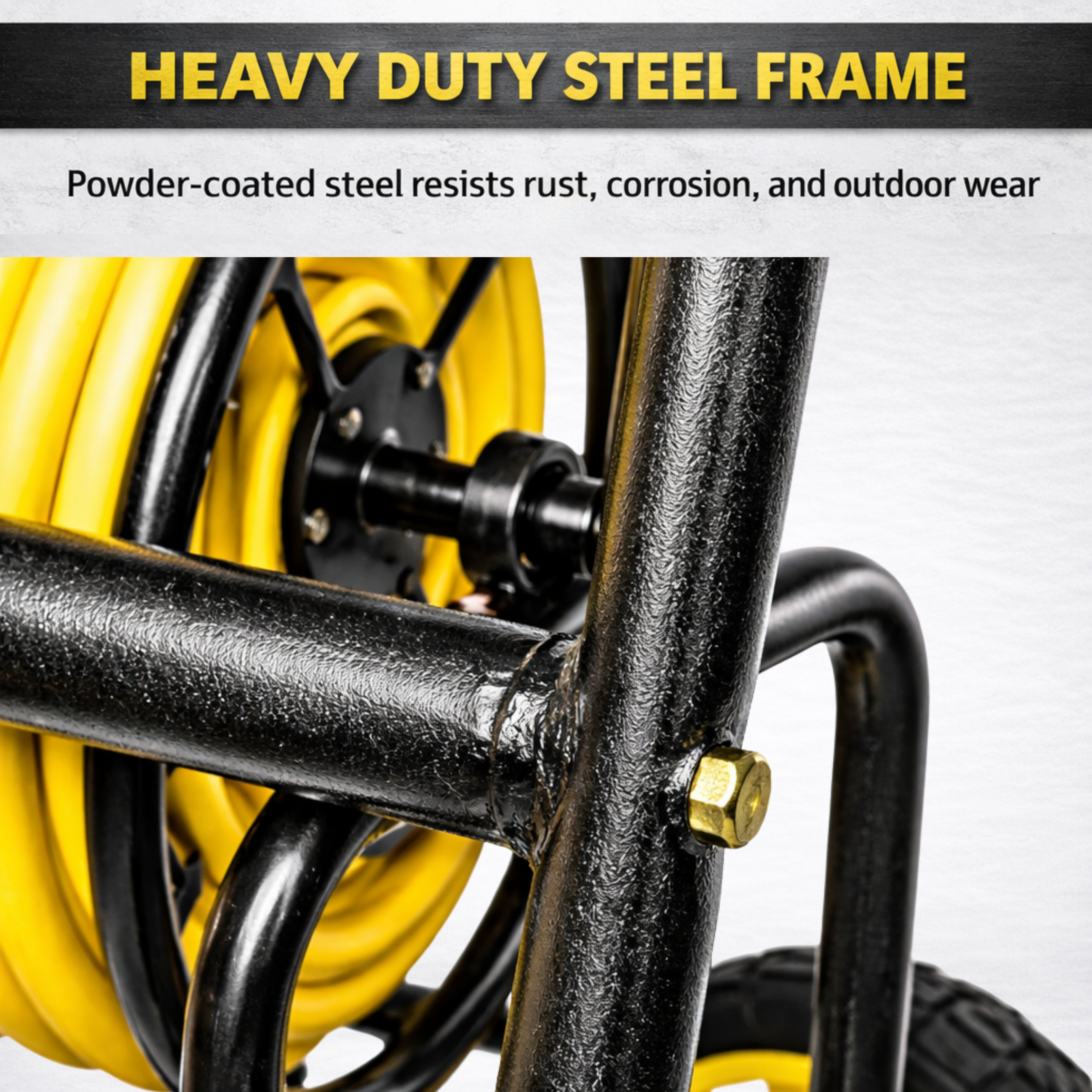 Four-wheel metal hose reel cart designed to hold up to 250 ft of garden hose
